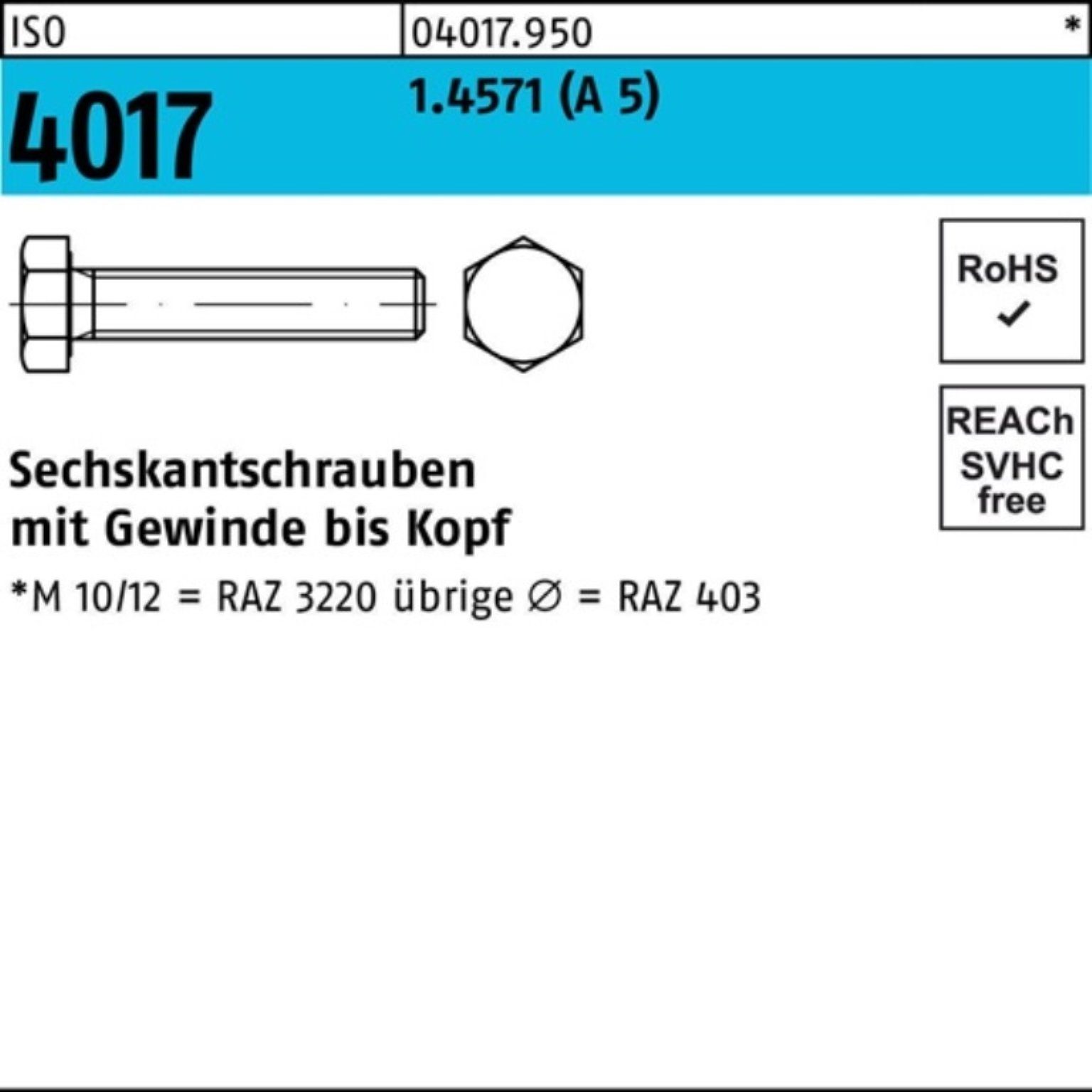 Bufab Sechskantschraube 100er Pack Sechskantschraube 40 M10x 5 VG ISO 1 4017 4017 A ISO Stück