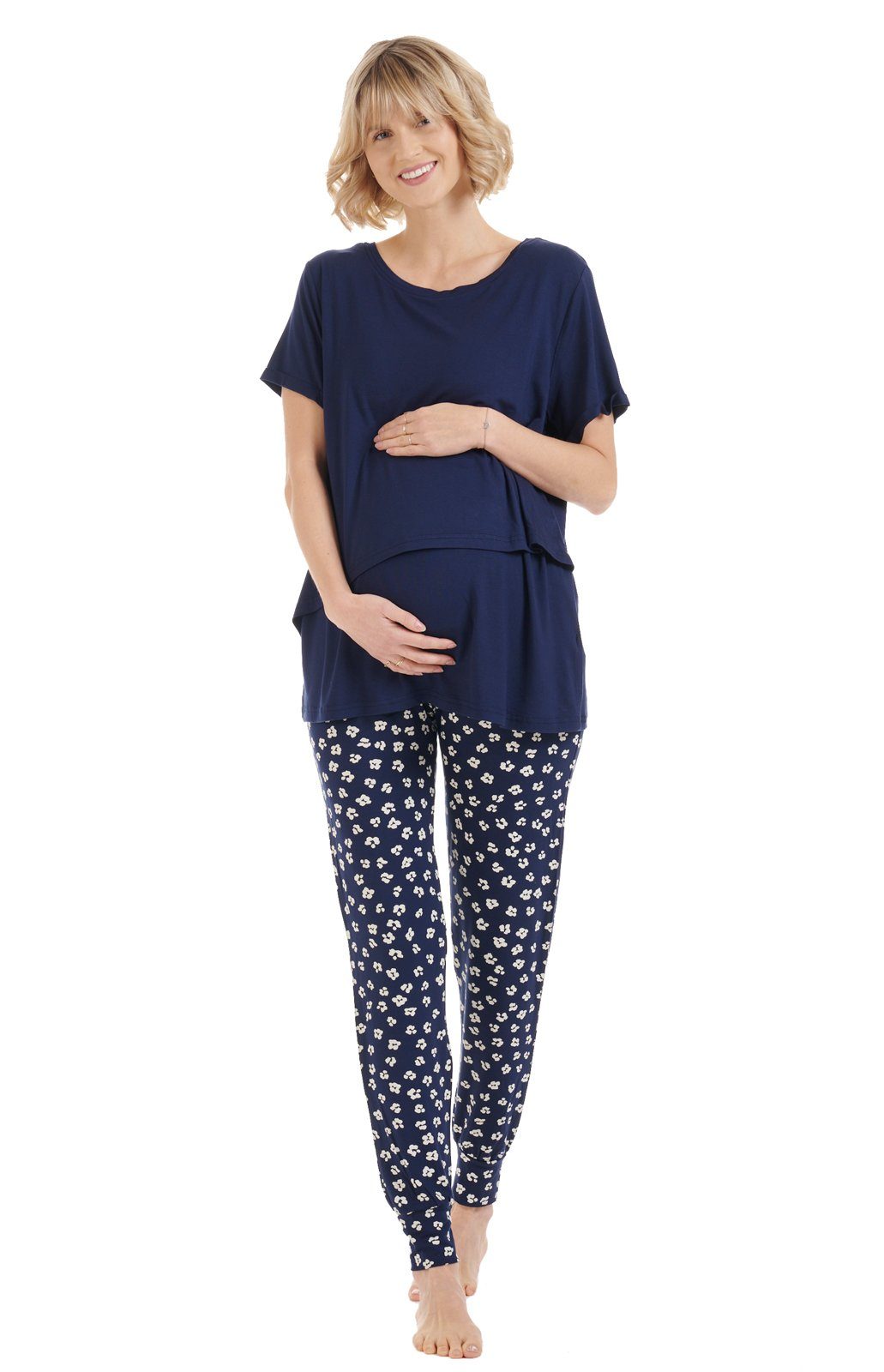 Pyjama-Set Muster - Herzmutter - Stillpyjama - tlg) Umstandspyjama (2 Blau/Blumen Stillmode