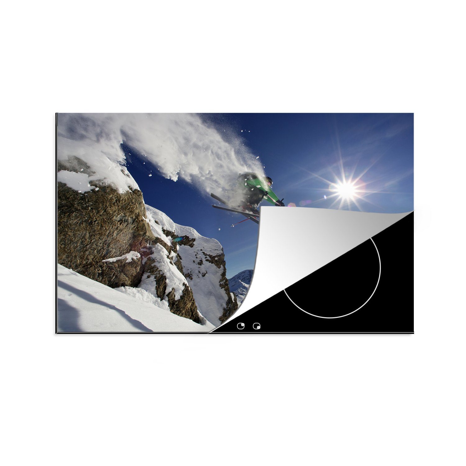MuchoWow Herdblende-/Abdeckplatte Action-Aufnahme eines Skifahrers Induktionskochfeld Schutz tlg), cm, einem (1 Ceranfeldabdeckung küche, die 81x52 von Vinyl, für Sprung Felsen, beim