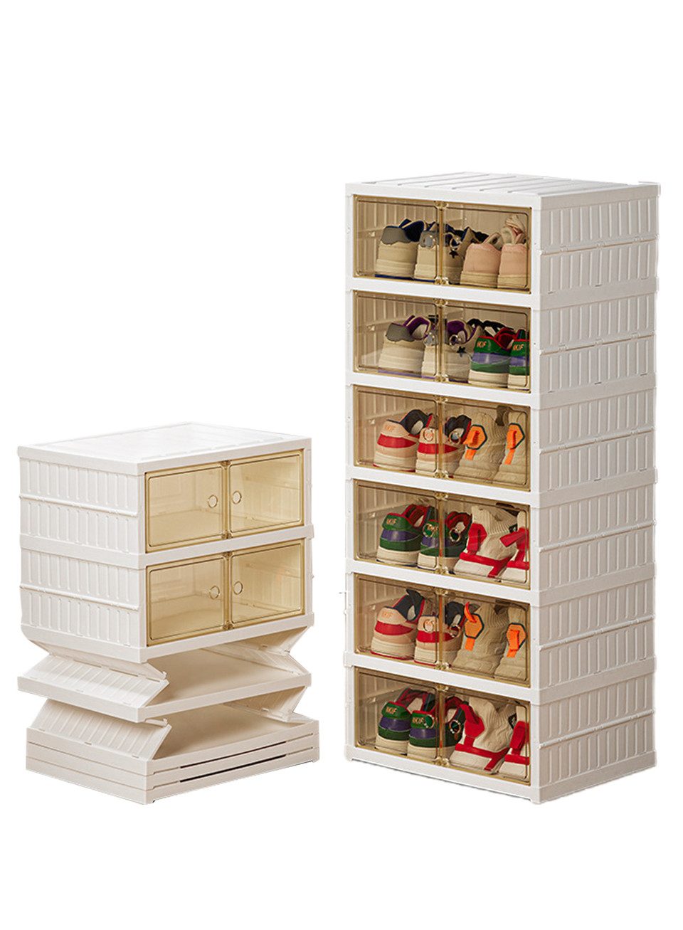 JEOBEST Schuhbox Schuhboxen Stapelbar Transparent, Faltbar Schuhregal, Weiß, Installationsfrei und Tragbare Schuhbox, Schuh Organizer mit Tür