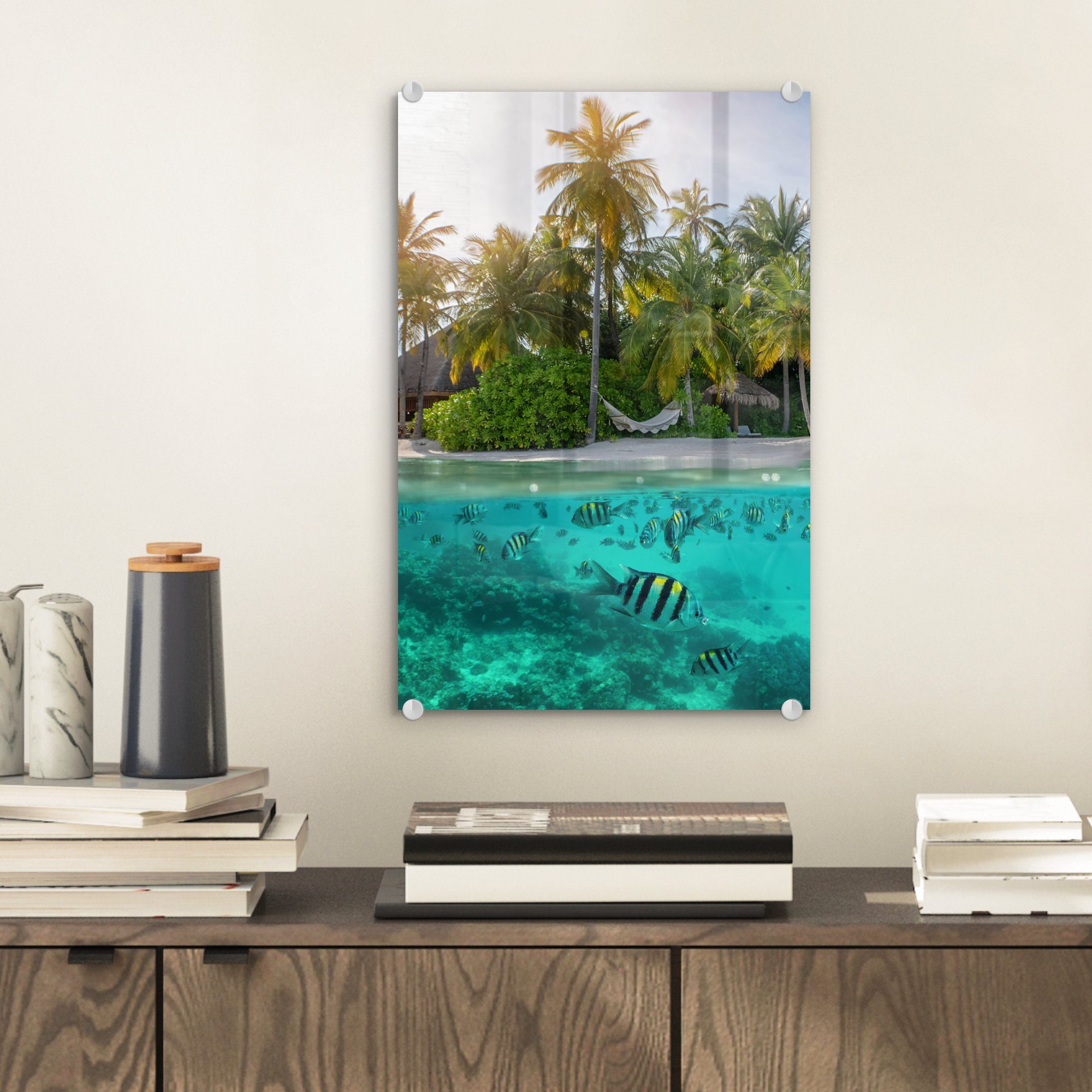 MuchoWow Acrylglasbild Strand Foto Glas bunt Bilder - Insel, - - auf Fisch St), - (1 - Wanddekoration auf Glas Meer Wandbild Glasbilder 