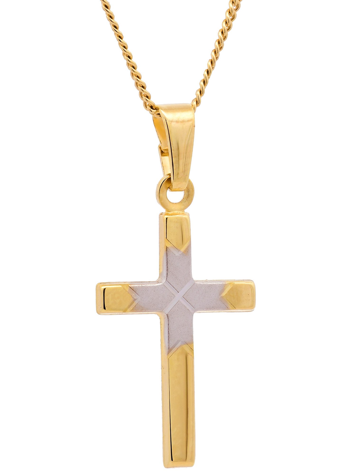 Kreuzanhänger Anhänger Kreuz 333 Gold rhodiniert mit vergoldeter Silberkette 36 cm