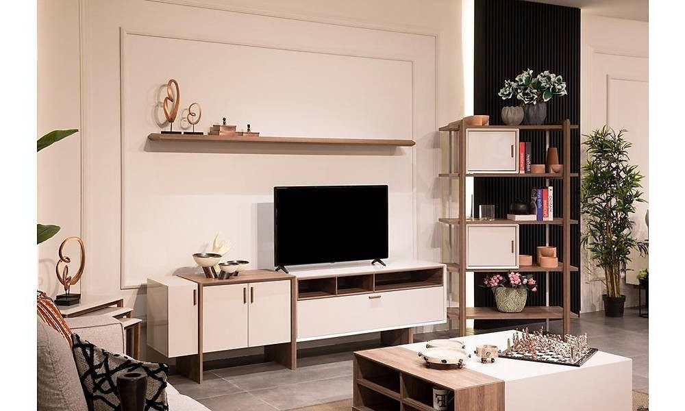 TV-Schrank Beiges Lowboard Regal 2tlg Set für das Wohnzimmer
