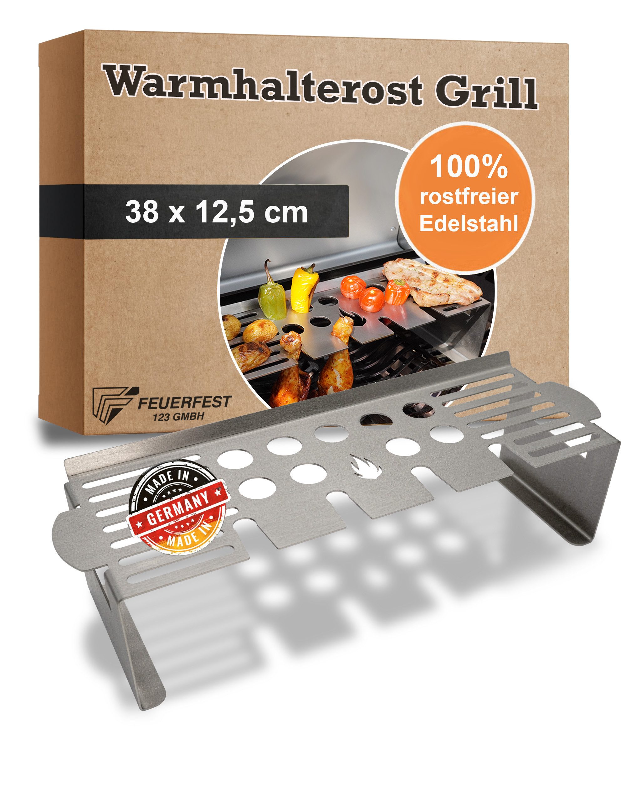 Feuerfest 123 GmbH Warmhalte-Grillrost Warmhalterost Multi-Station für den Grill 38,1 x 12,5 cm aus Edelstahl (100 % Made in Germany), gart Hähnchenschenkel & Chili perfekt, hält Speisen optimal warm