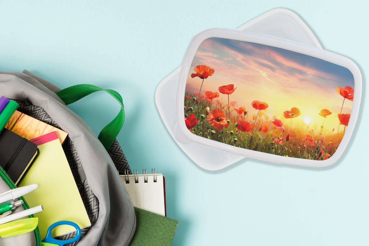 MuchoWow Lunchbox Mohnblumen und - für für Mädchen und Kunststoff, Frühling (2-tlg), Brotdose, - Erwachsene, Jungs Farben, Brotbox Kinder weiß