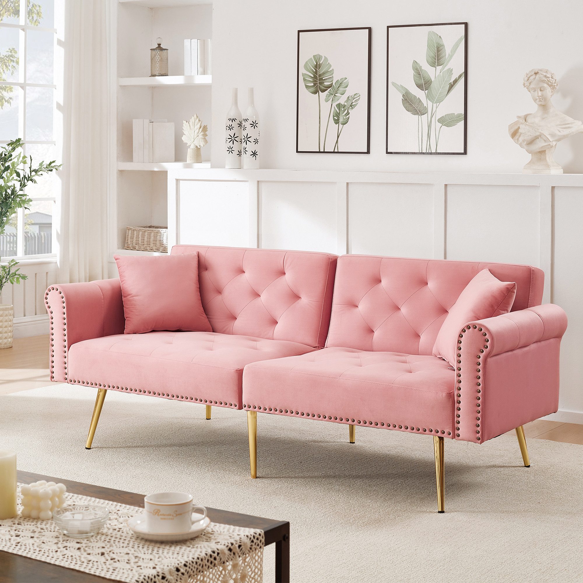 Merax Schlafsofa mit Bettfunktion, 1 Teile, 2-Sitzer-Sofa mit verstellbarer Rückenlehne & goldenen Metallfüßen