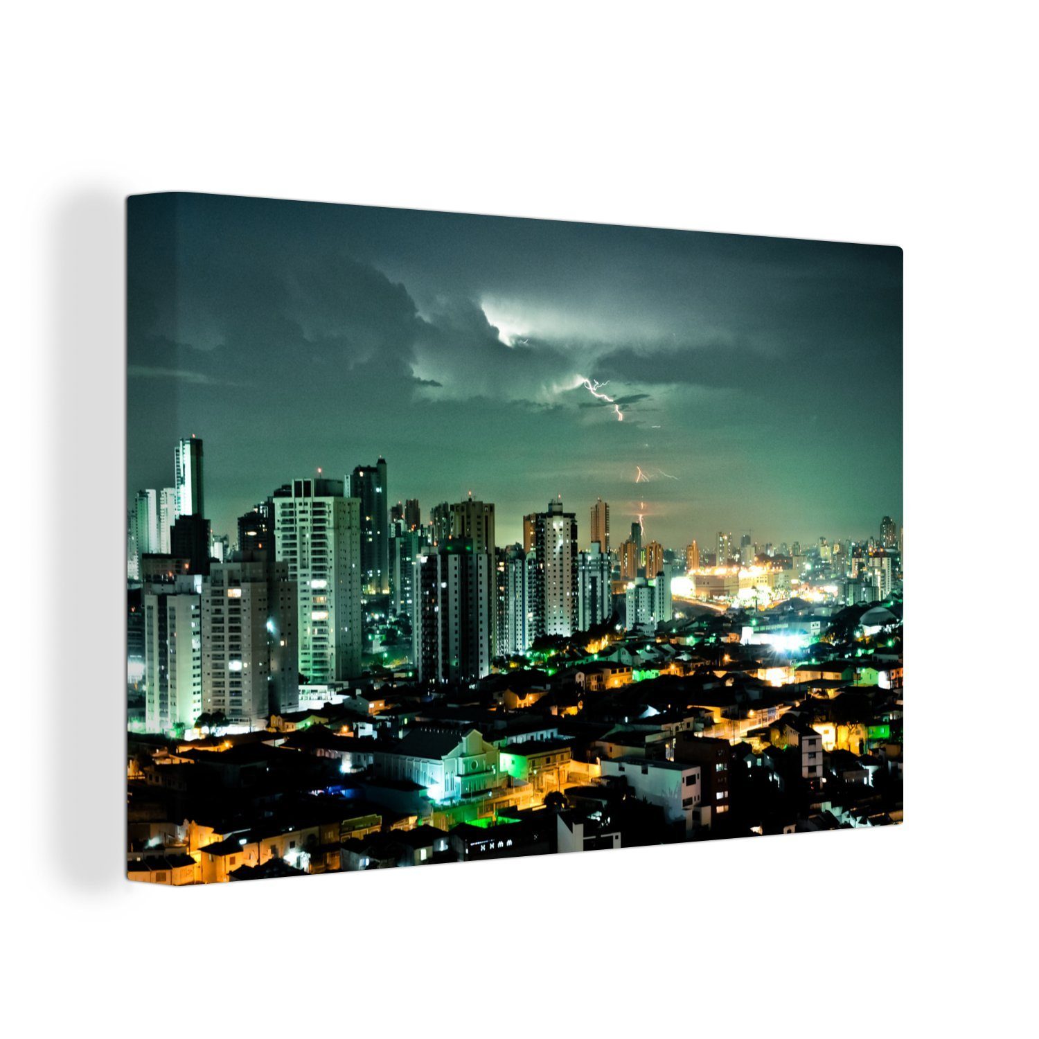 OneMillionCanvasses® Leinwandbild Blaugrüner Himmel in stürmischer Nacht über São Paulo, Brasilien, (1 St), Wandbild Leinwandbilder, Aufhängefertig, Wanddeko, 30x20 cm