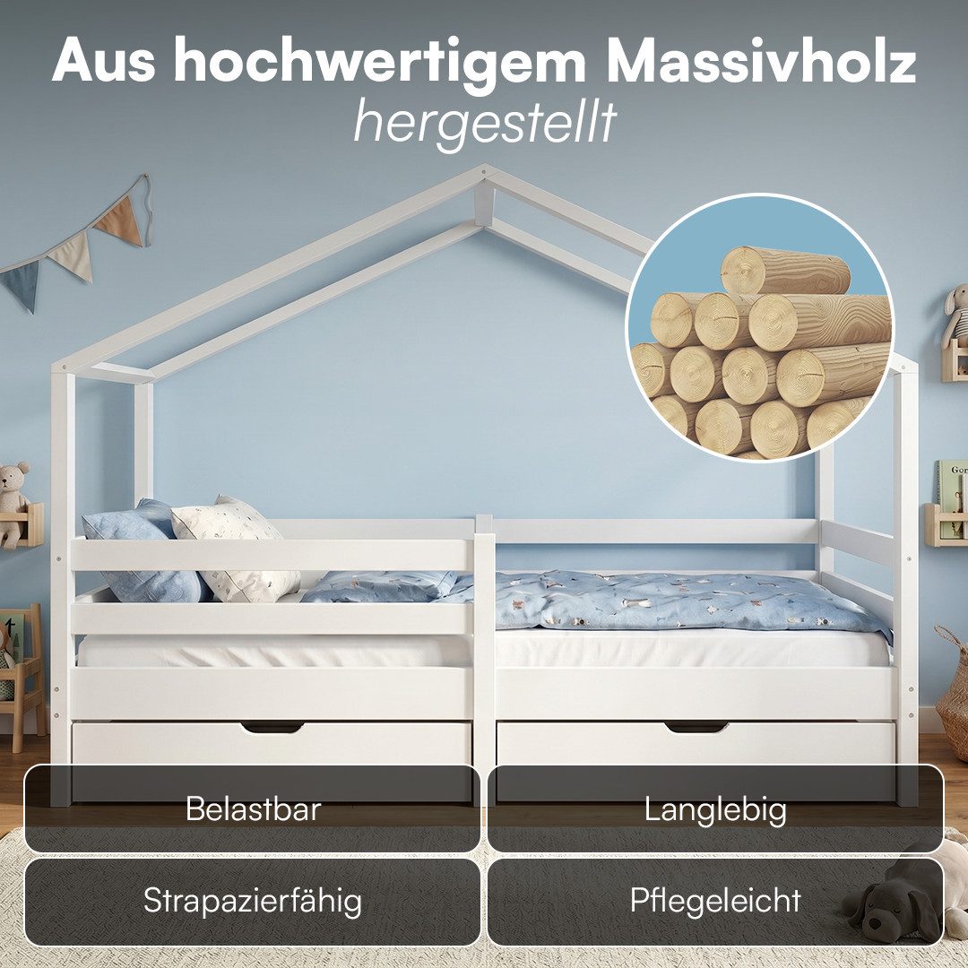 Bellabino Hausbett Abia Kinderbett mit Lattenrost und Rausfallschutz (weiß, mit zwei Schubladen), Kinderbett 90x200 cm, verfügbar in verschiedenen Ausführungen – Bild 4 von 5