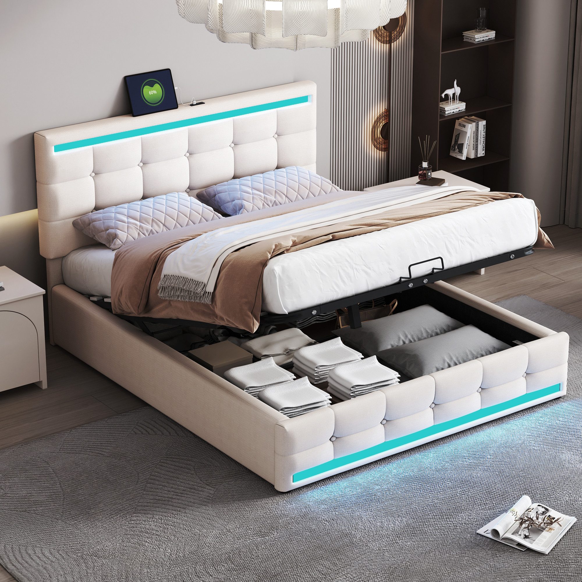 Flieks Polsterbett, LED Doppelbett Stauraumbett 2 USB-Anschluss 140x200cm L günstig online kaufen