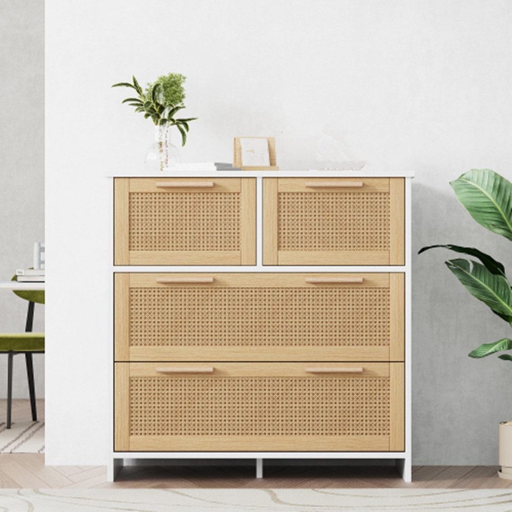 XDeer Sideboard Sideboard,Rattanschrank 4-Schubladen mit Massivholzgriffen, Geeignet für Schlafzimmer, Wohnzimmer, Esszimmer, Flur