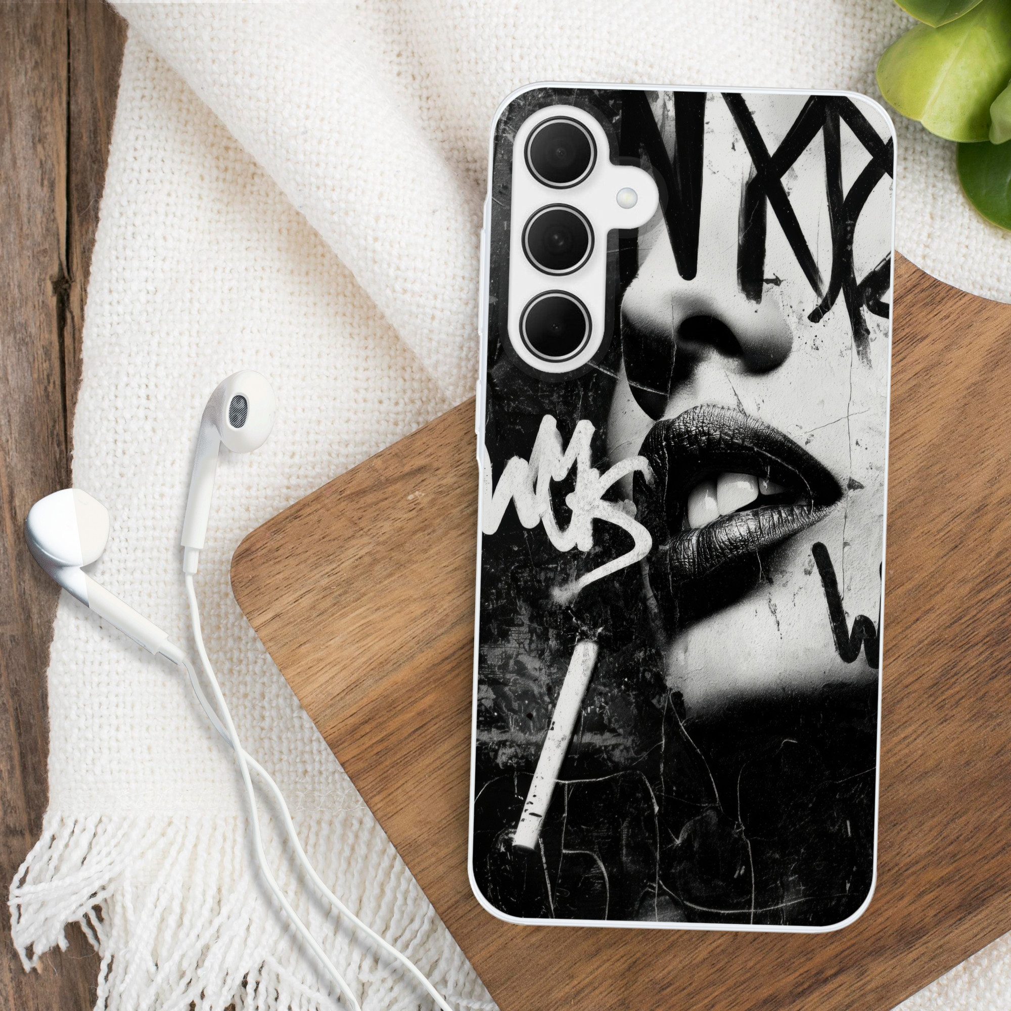 MuchoWow Handyhülle für Samsung Galaxy A35 5G Gesicht - Mund - Graffiti - Schwarz, Smartphone-Bumper, Print, Handy Schutzhülle Dünn