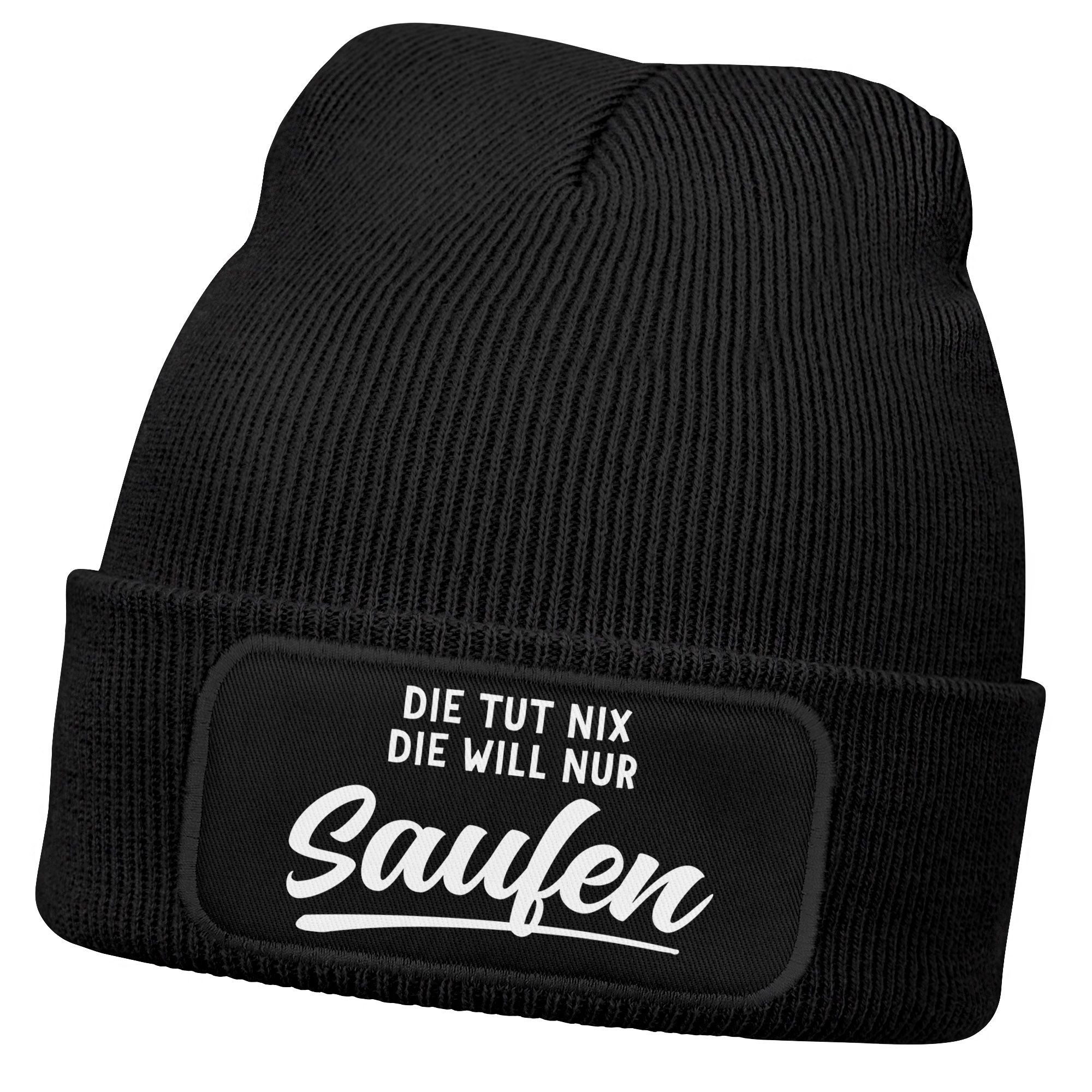 MoonWorks Strickmütze Damen Beanie mit Patch Strickmütze mit Spruch Lieblingsgetränk Party