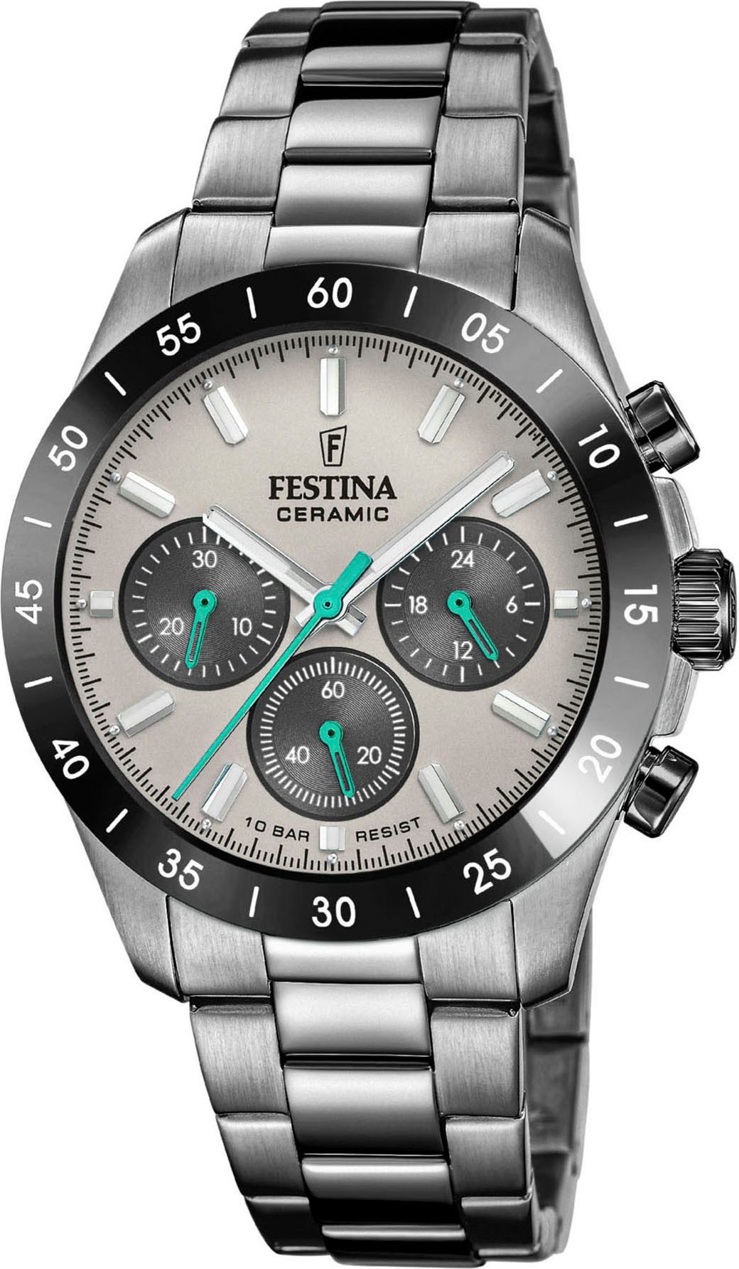 Festina Chronograph Ceramic F20703/1, Quarzuhr, Armbanduhr, Herrenuhr, analog, Edelstahlband, Keramiklünette