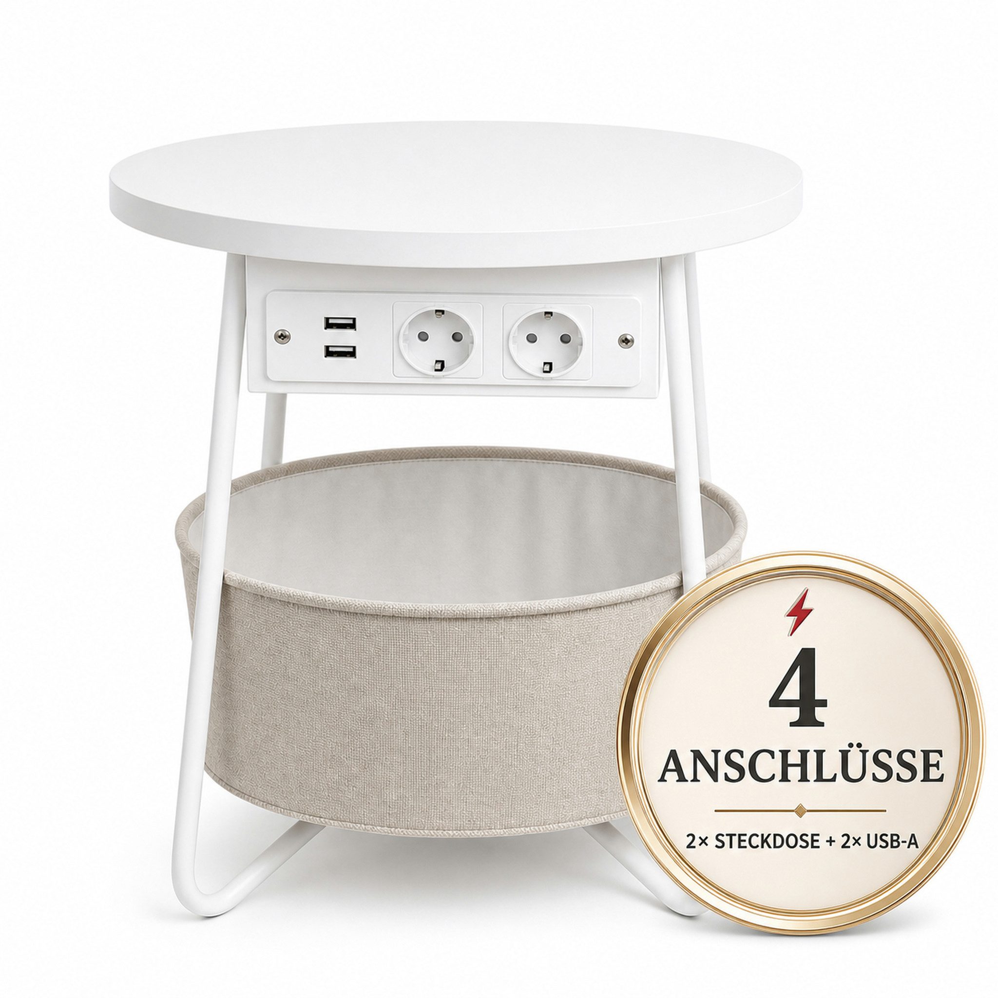 Floordirekt Couchtisch Dario Runder mit 2 Steckdosen A Stauraumkorb 2 USB 4 Farben (Einzelartikel), Integrierte Stromanschlüsse und USB-Ports – Bild 2 von 5