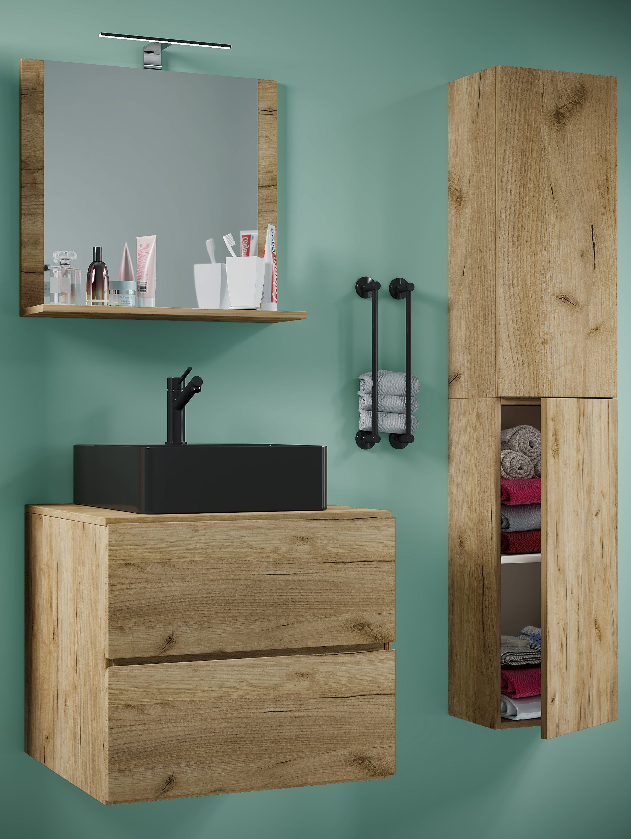 VCM Waschtisch 4 teilig Badmöbel-Set Waschplatz Lendas (Set, 4-St., 1x Unterschrank 1x Waschbecken 1x Spiegel 1x Hochschrank)