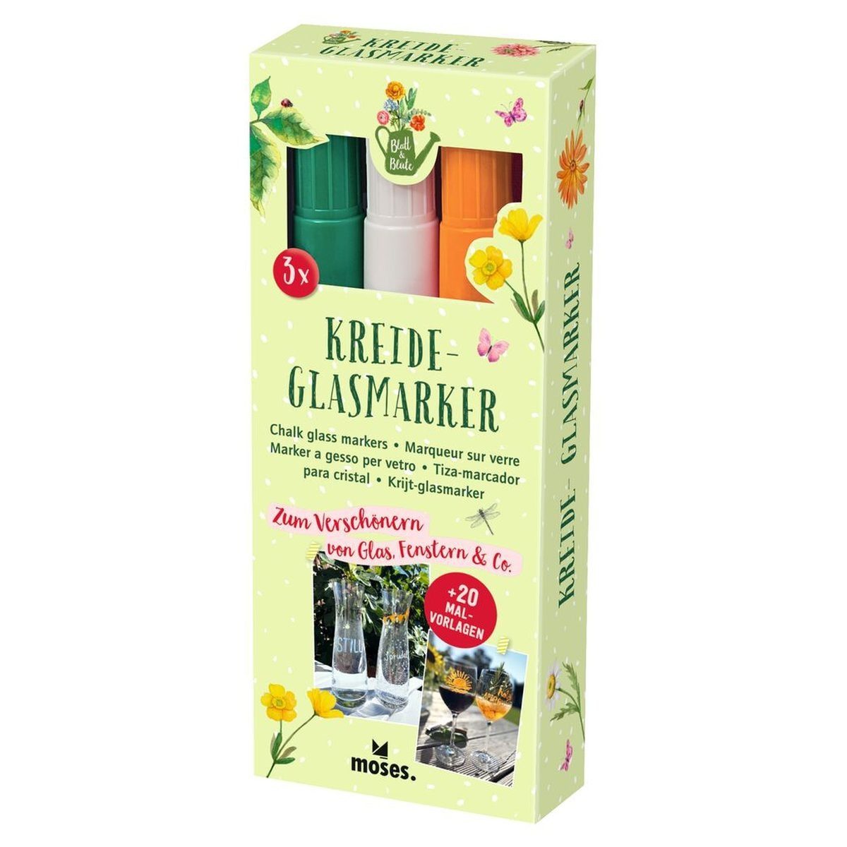 Moses. Verlag Malkreide Blatt & Blüte Kreide-Glasmarker 3er Set mit Motivvorlagen
