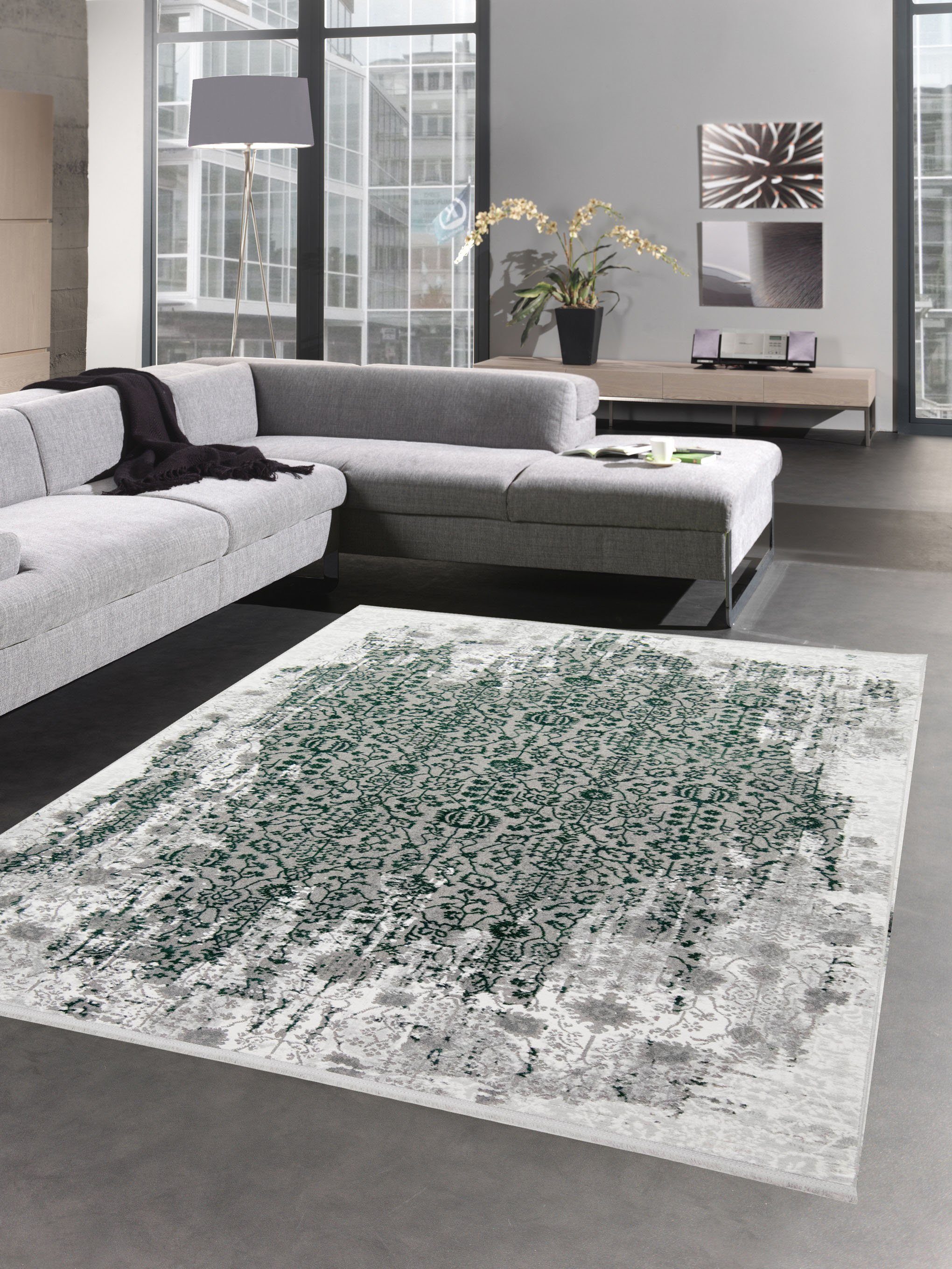Teppich Teppich modern Wohnzimmerteppich Vintage Teppich Used Look mit  Fransen in grau grün, Carpetia, rechteckig, Höhe: 13 mm