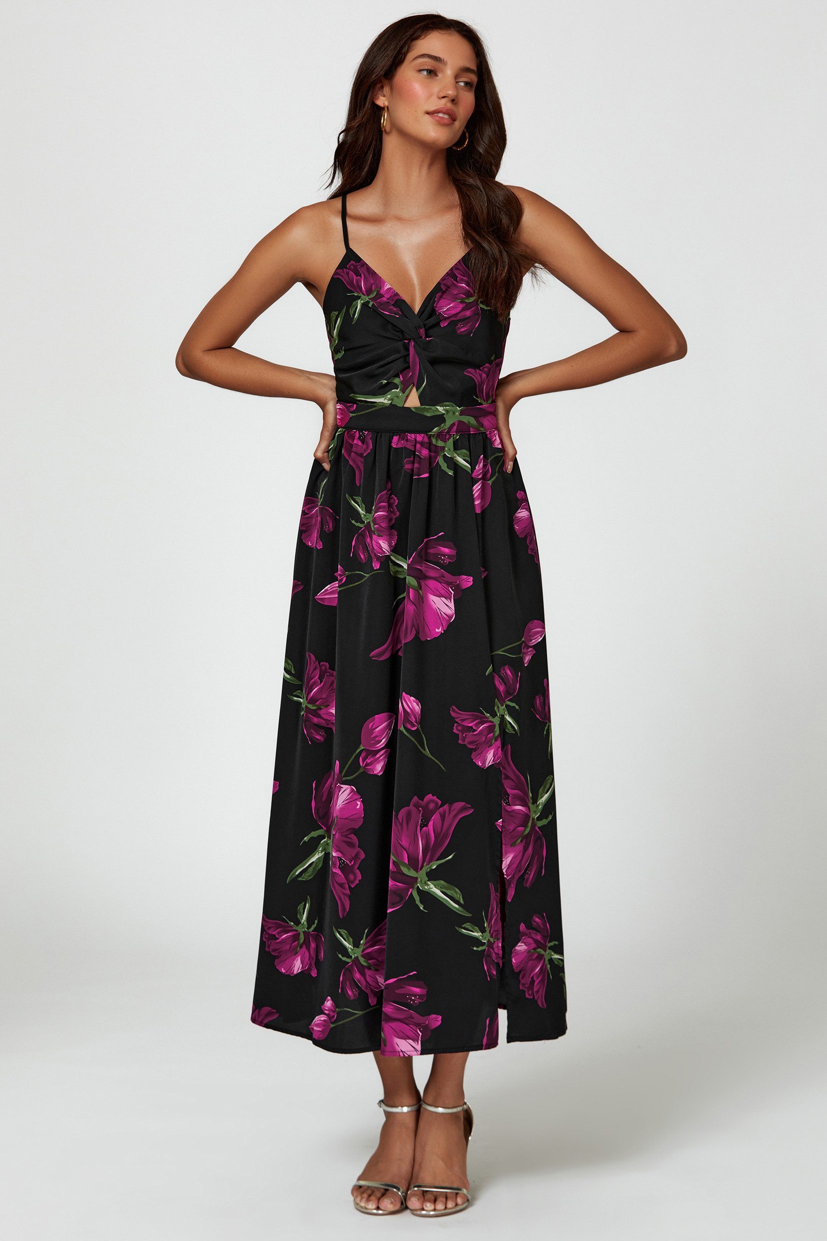 FS Collection Trägerkleid Damen Midikleid Sommerkleid Spaghettiträgerkleid Partykleid (XS (EU:36 / UK:8) · S (EU:38 / UK:10) · M (EU:40 / UK:12) · L (EU:42 / UK:14) · XL (EU:44 / UK:16) Twist-Detail vorne, Beinschlitz, Rückenbindeband, floraler Print