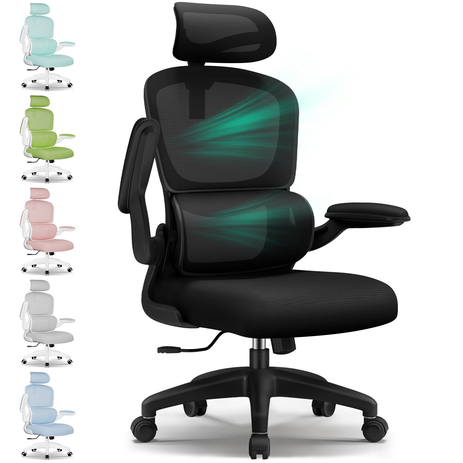 Fukstern Bürostuhl Ergonomischer Bürostuhl mit 90° klappbaren Armlehnen (Verstellbare Kopfstütze, atmungsaktiver Mesh-Bezug, Rücken- und Taillenstütze, Neigung fixierbar bei 90° (maximal kippbar bis 135), bis 150 kg belastbar