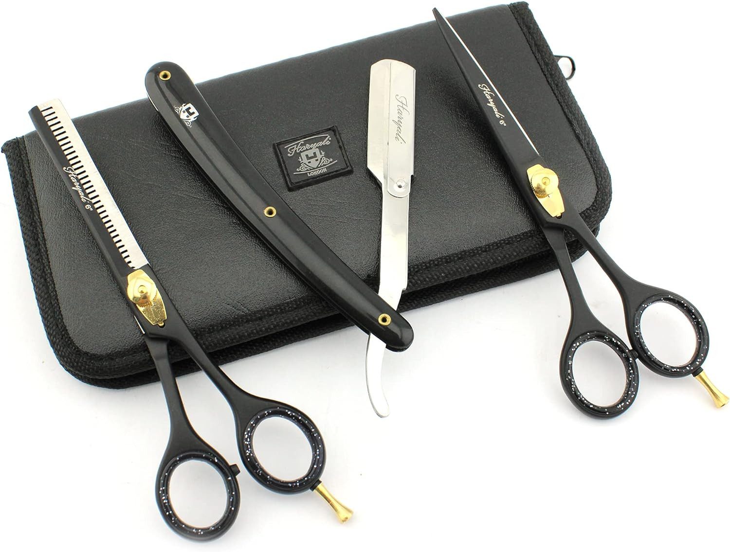 Haryali London Haarschere Professionelles Friseurscheren-Set 15,2 cm – Cut Throat Razors schwarz, (3-teiliges Set, 3-tlg., 1x Schneideschere, 1x Effilierschere, Rasiermesser schneiden, Lederetui), Bestens geeignet für professionelle Friseur- und Kosmetikscheren