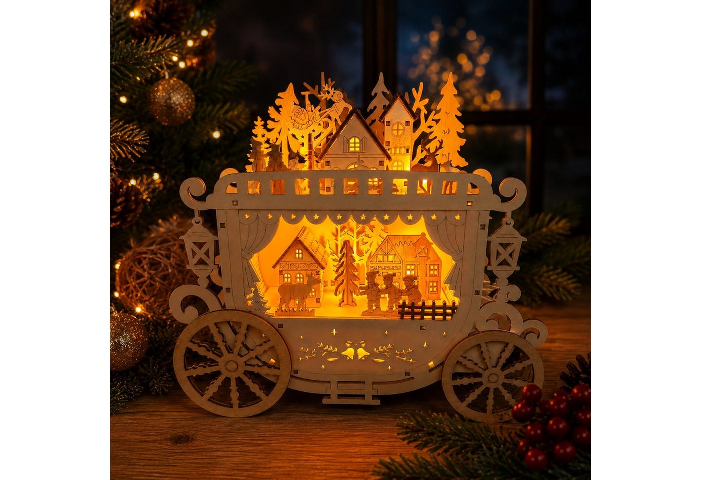 Online-Fuchs LED Dekoobjekt Kutsche aus Holz mit Winterlandschaft & Beleuchtung - Weihnachtsdeko, 8 integrierte LEDs, warmweiße Beleuchtung, inklusive 6-Stunden Timerfunktion