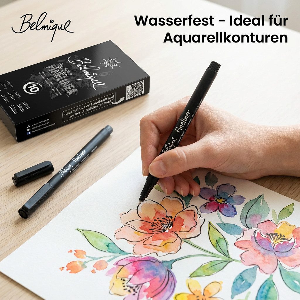 Belmique Fineliner Set Schwarz – 10-teilig mit 2 Brushpens, wasserfest & lichtbeständig, 10er-Set inkl. 2 Brushpens, Blackliner 0,05–0,8 mm in Schwarz