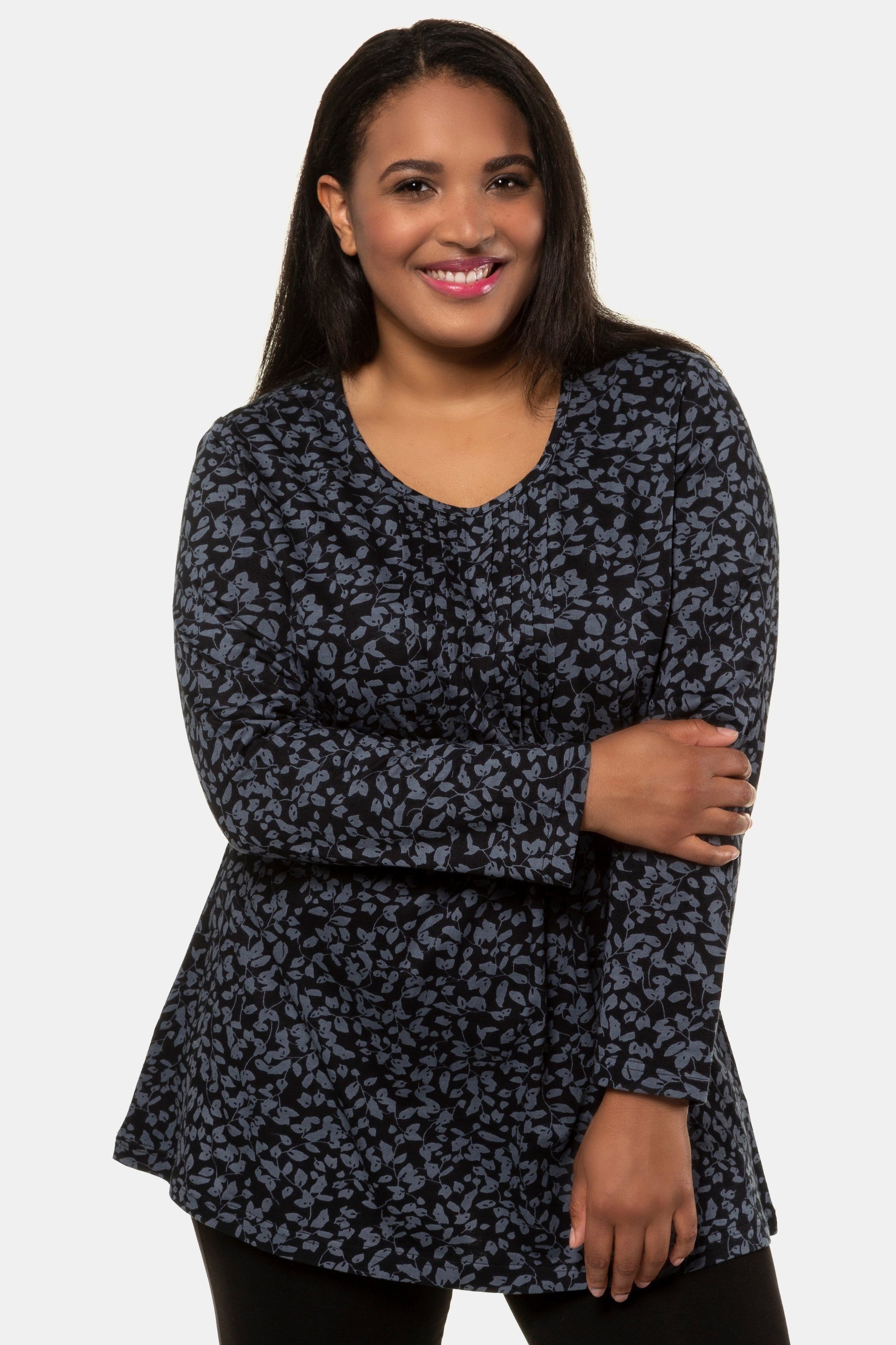 Ulla Popken Longshirt Longshirt gemustert Ausschnitt mit Biesen Langarm