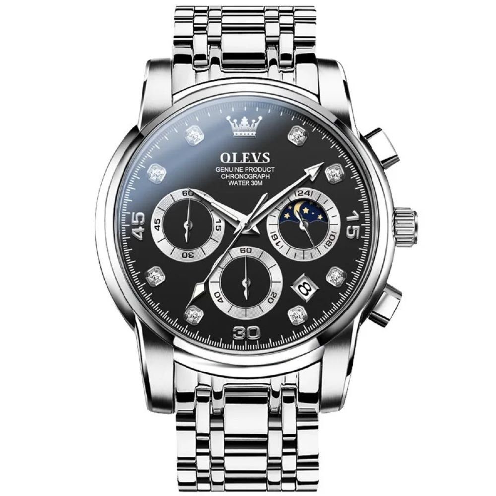 Quarzuhr Quarzuhr Herrenuhr Silber/Schwarz Chronograph Sortlich und Elegant 2889