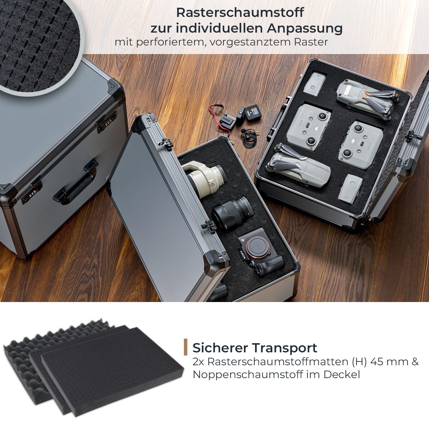 HMF Kameratasche Alu Fotokoffer mit Rasterschaumstoff, Kamerakoffer mit zwei 3er Zahlenkombinationsschlössern 46 x 33 x 15 cm
