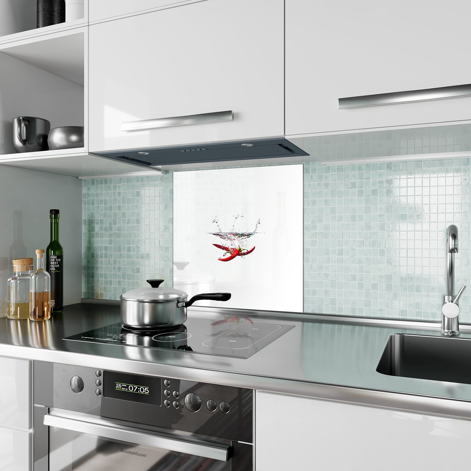 Primedeco Küchenrückwand Küchenrückwand Motiv mit Wasser im Spritzschutz Chilischoten Glas