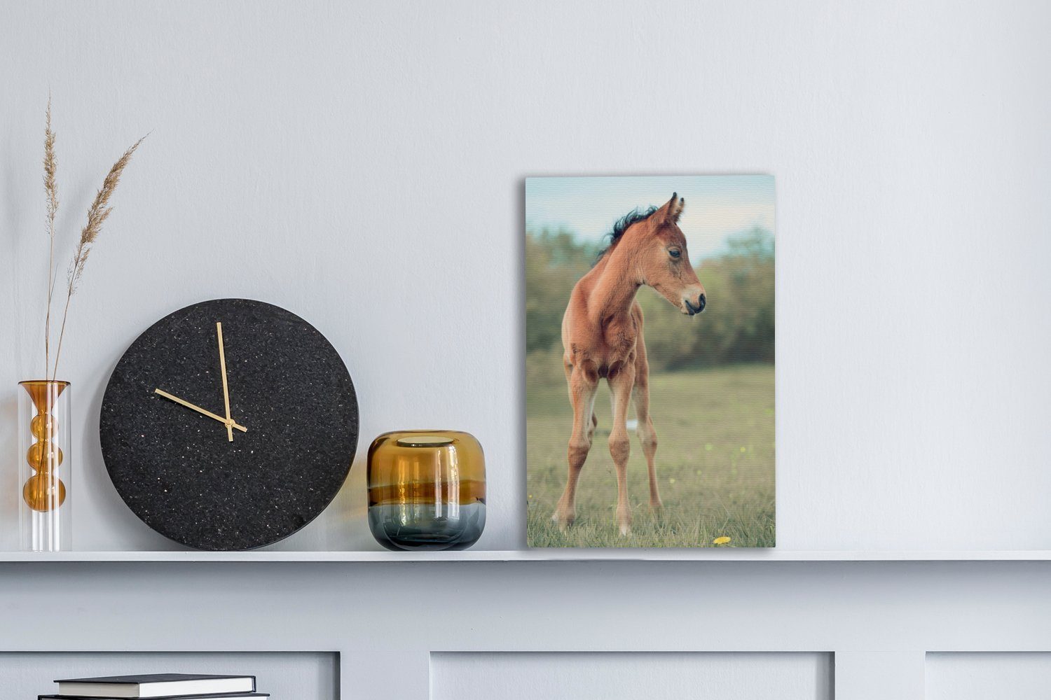 bespannt - Fohlen - (1 20x30 Pferd inkl. cm OneMillionCanvasses® St), Leinwandbild Zackenaufhänger, fertig Gemälde, Gras, Leinwandbild