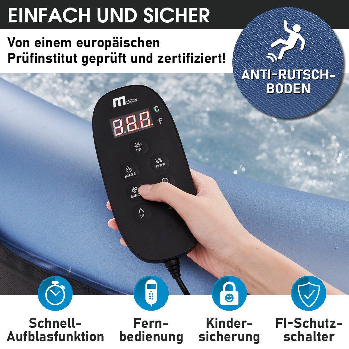 BRAST Whirlpool aufblasbar MSpa Bergen für 4-8 Personen, viele Größen Ø180-224cm, aufblasbares Aufstellbecken, (In- Outdoor Pool, Ganzjähriger Einsatz, 118 Massagedüsen), Stromsparend inkl. Energiespar-Timer