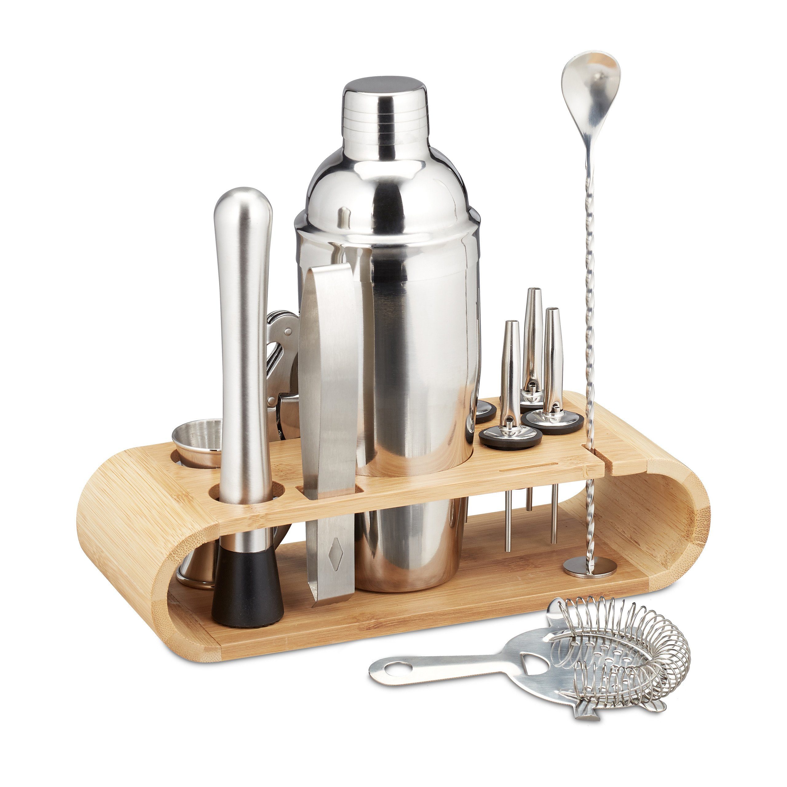 relaxdays Cocktail Shaker Cocktail Set 11-teilig Edelstahl, Bambus