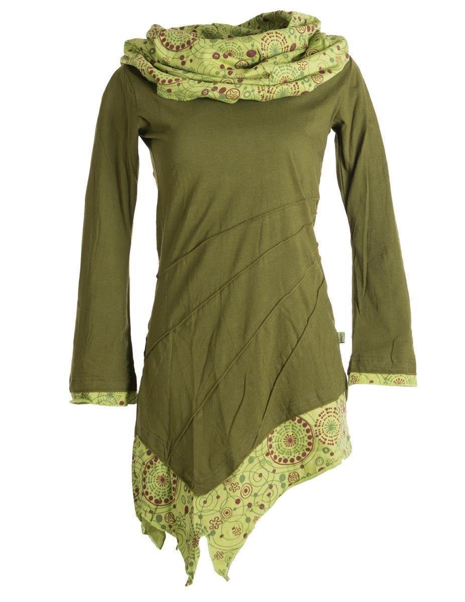 Ethno, aus Kleid Schalkragen mit Hippie, Goa, Asymmetrisches Jerseykleid Boho olive Vishes Style Baumwolle