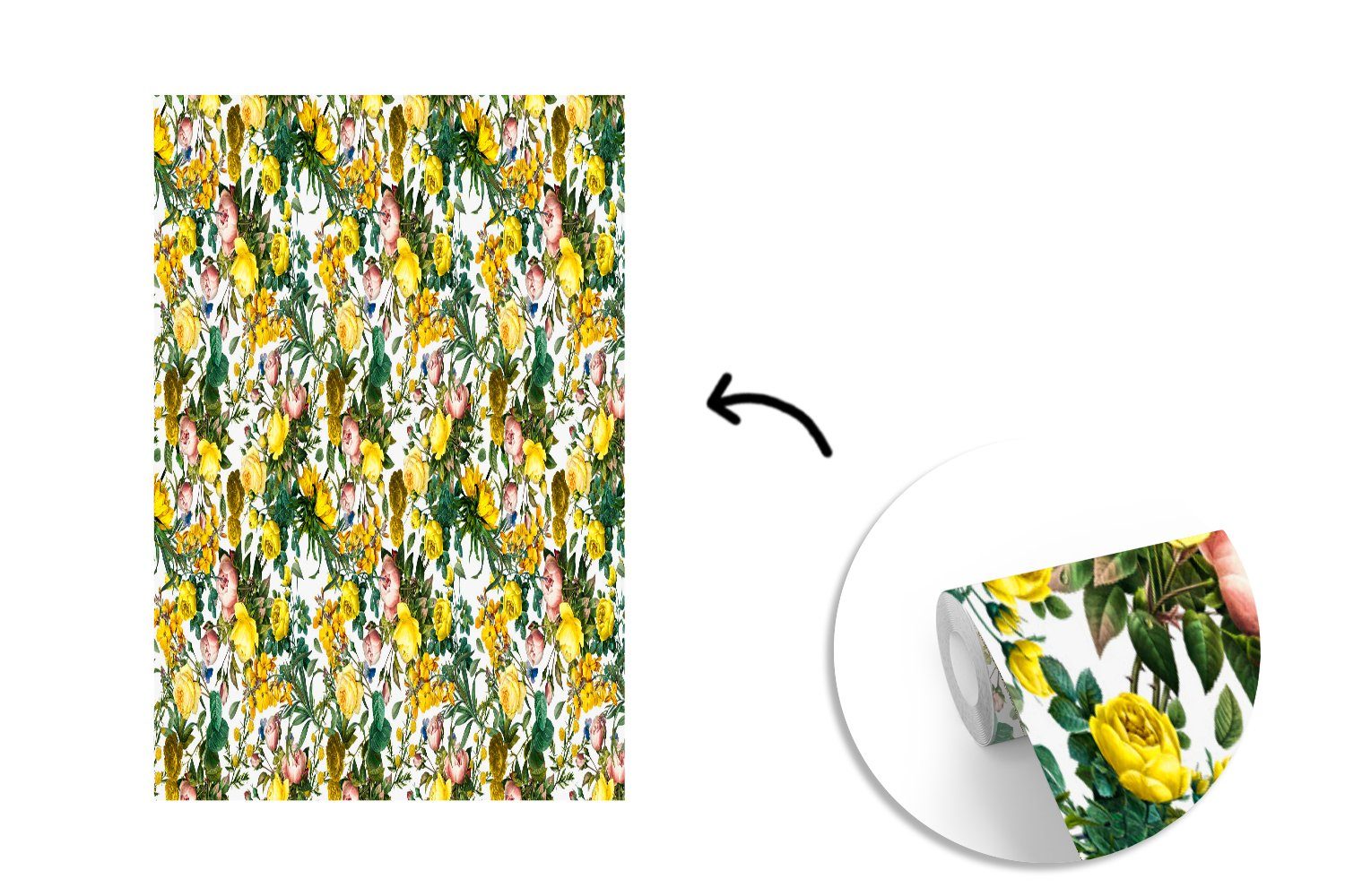 Fototapete - Montagefertig bedruckt, - Vinyl Sonnenblume MuchoWow (3 Tapete Gelb Blumen, Matt, Rosen Wohnzimmer, für Wandtapete - St),
