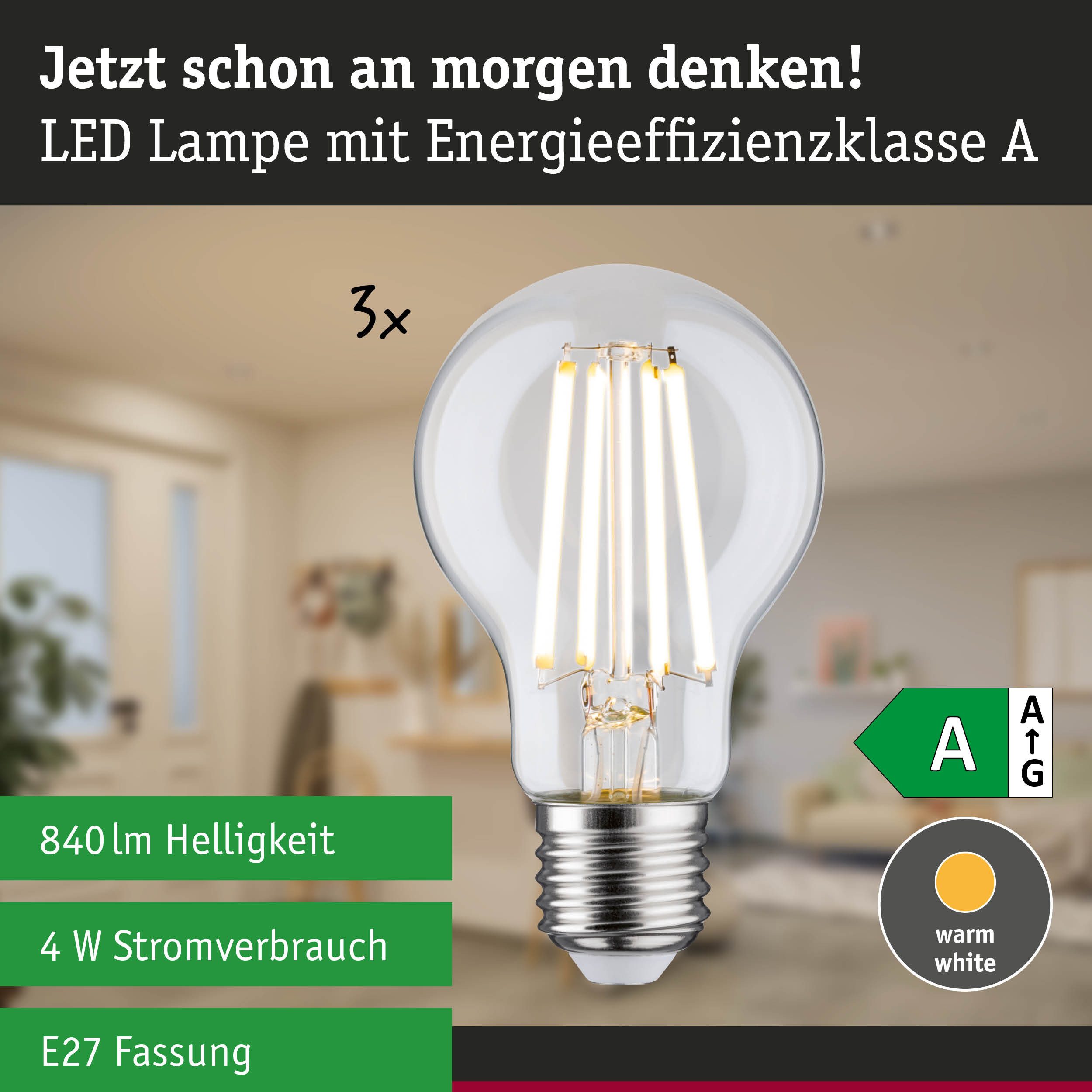 Paulmann LED-Leuchtmittel Efficient-Line 3er Pack AGL 840lm 4W 3000K klar 230V, Warmweiß – Bild 5 von 5