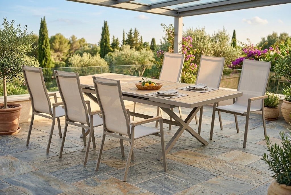 Gardissimo Garten-Essgruppe Luz mit ausziehbaren Gartentisch Alu mit Nonwood, (Spar-Set, 7-tlg., 6 Stühle + 1 Ausziehtisch), wetterfest / pflegeleicht / stapelbar / ausziehbar