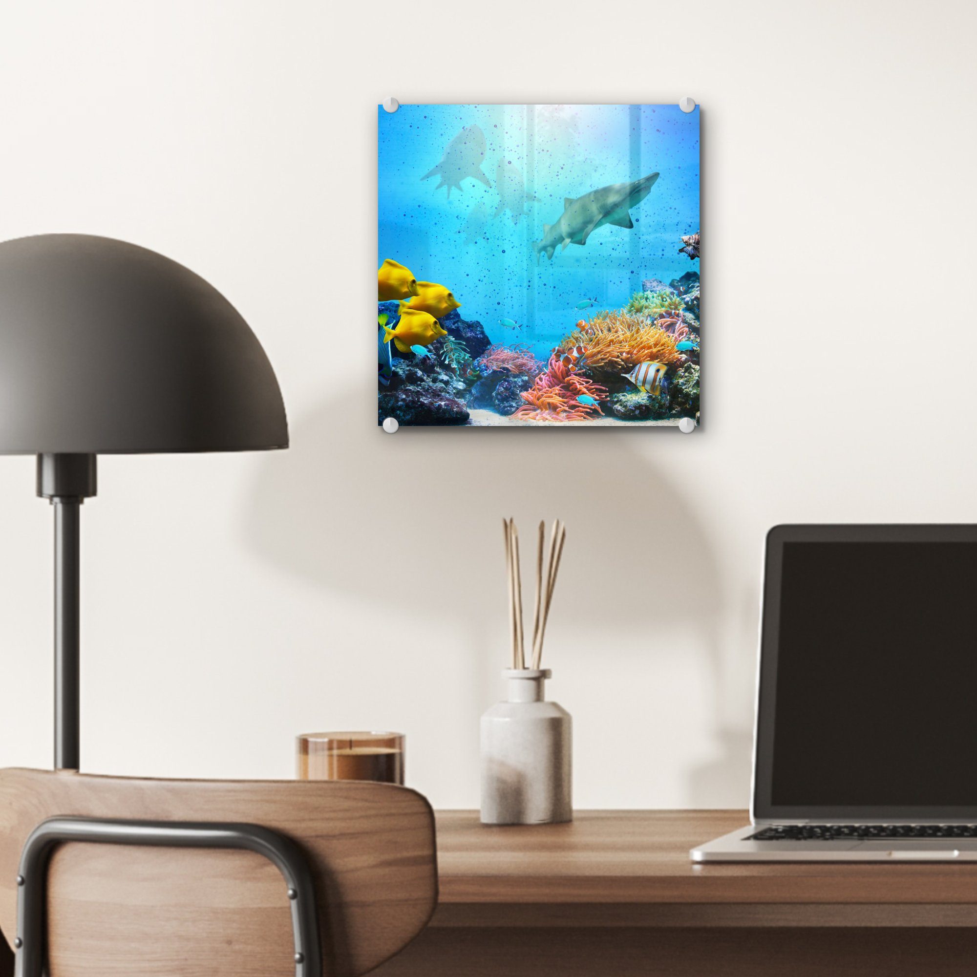 - Wandbild Glas Meer Glasbilder - auf auf Bilder Glas MuchoWow Foto - Acrylglasbild St), - - Fische Farben, (1 Wanddekoration