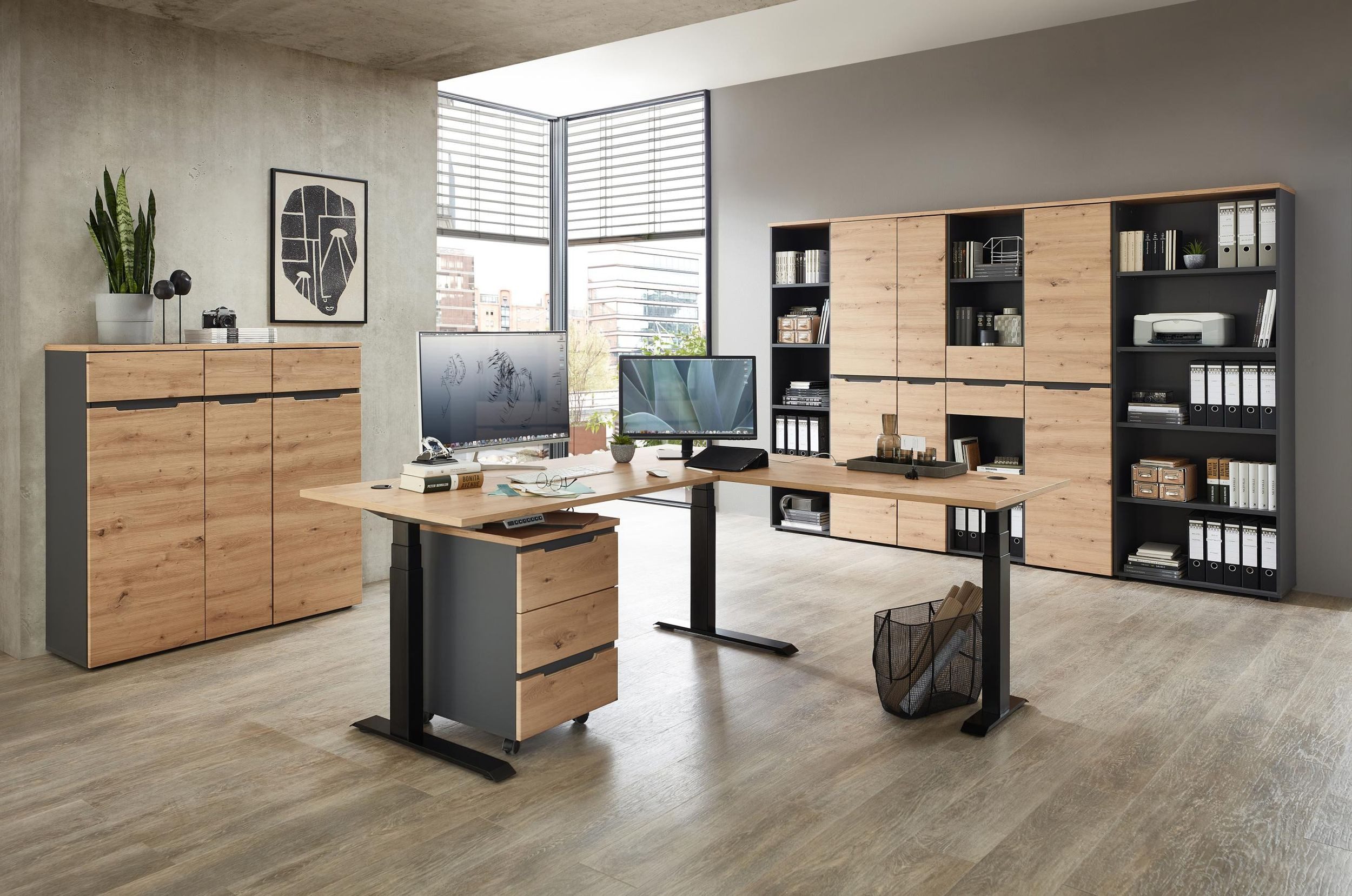 Innostyle Büromöbel-Set Komplettbüro MEMPHIS X 9-teilig Front Artisan Eiche Korpus Graphit, (Komplett-Set, 9-tlg., 4x Büroschrank, 3x Büroregal, 1x Eckschreibtisch, 1x Rollcontainer)