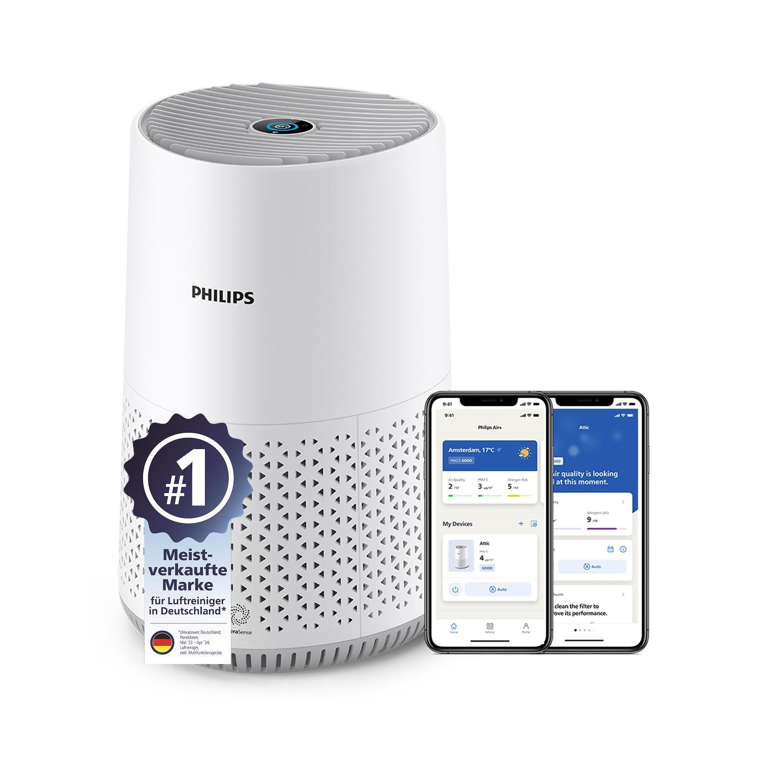 Philips Luftreiniger energieeffizient mit Smart Sensor, Für Allergiker, HEPA-Filter, für 44 m² Räume, entfernt 99,97% der Schadstoffe, Aromafunktion, diffusor App-Steuerung
