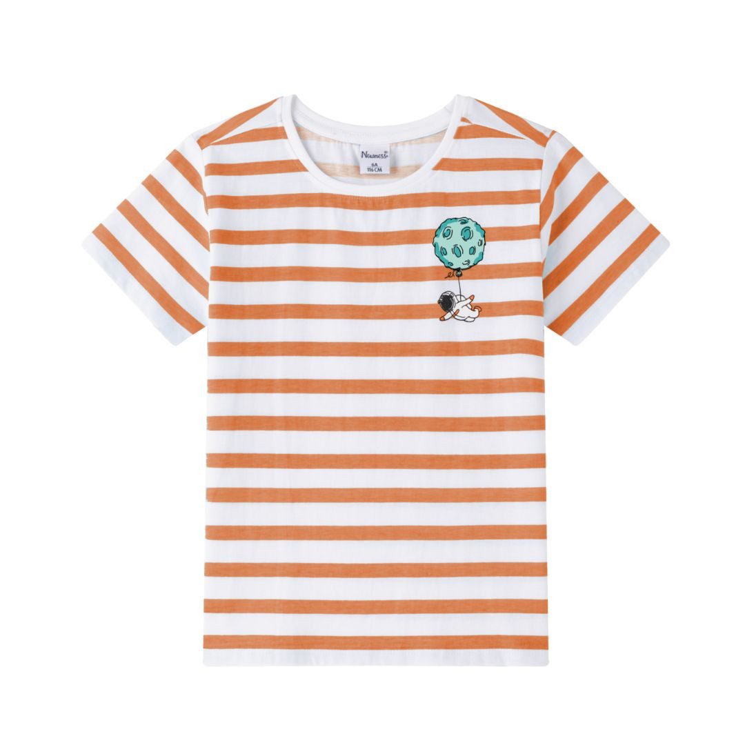 T-Shirt gestreiftes Jungen-T-Shirt mit Astronaut-Print hellorange