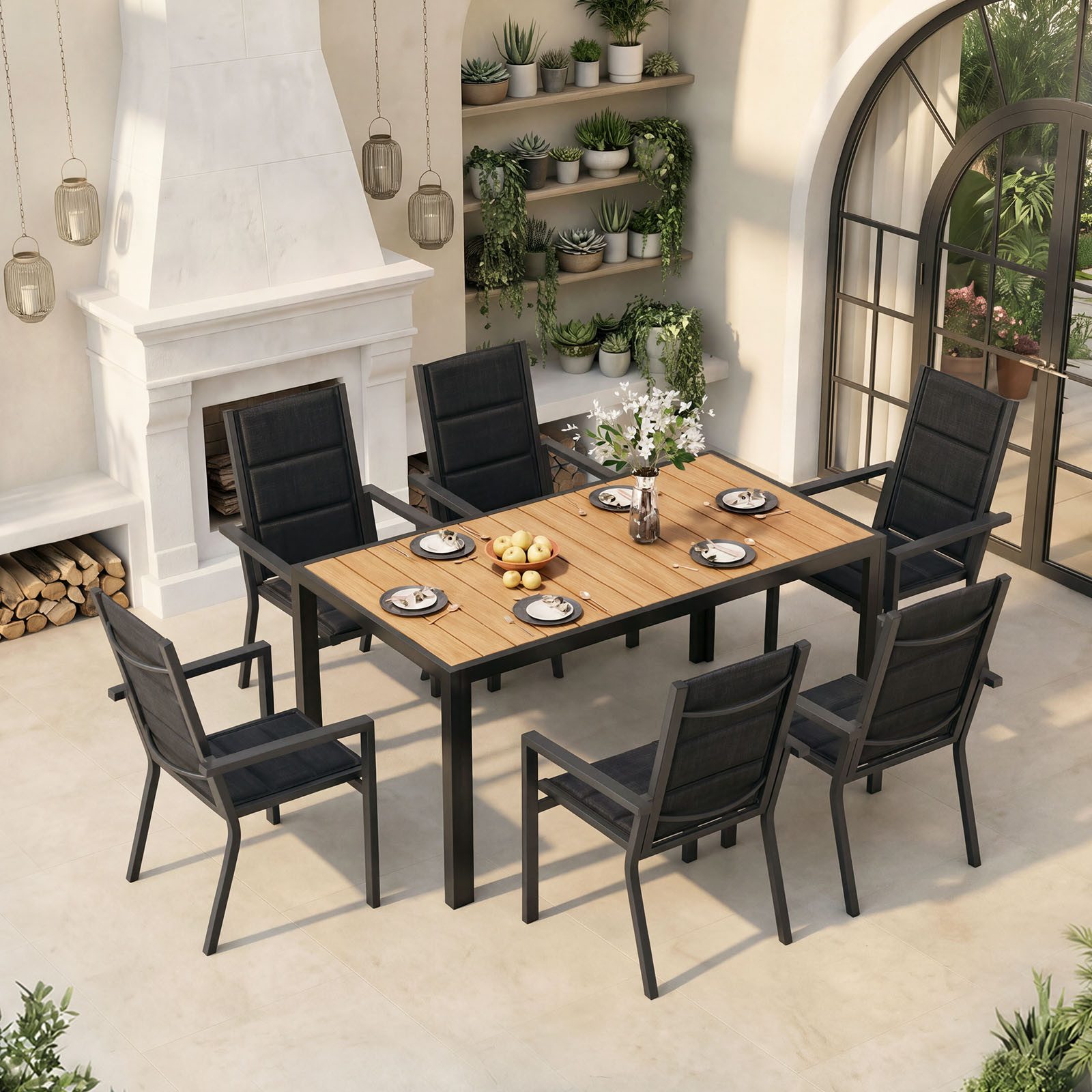 HOMALL Garten-Essgruppe 150/180cm Holzoptik Aluminiumtisch und Gartenstühle mit armlehnen, (7-tlg), Stapelbare Gartenstühle bis 160kg, rostfreier Aluminiumtisch bis 100kg