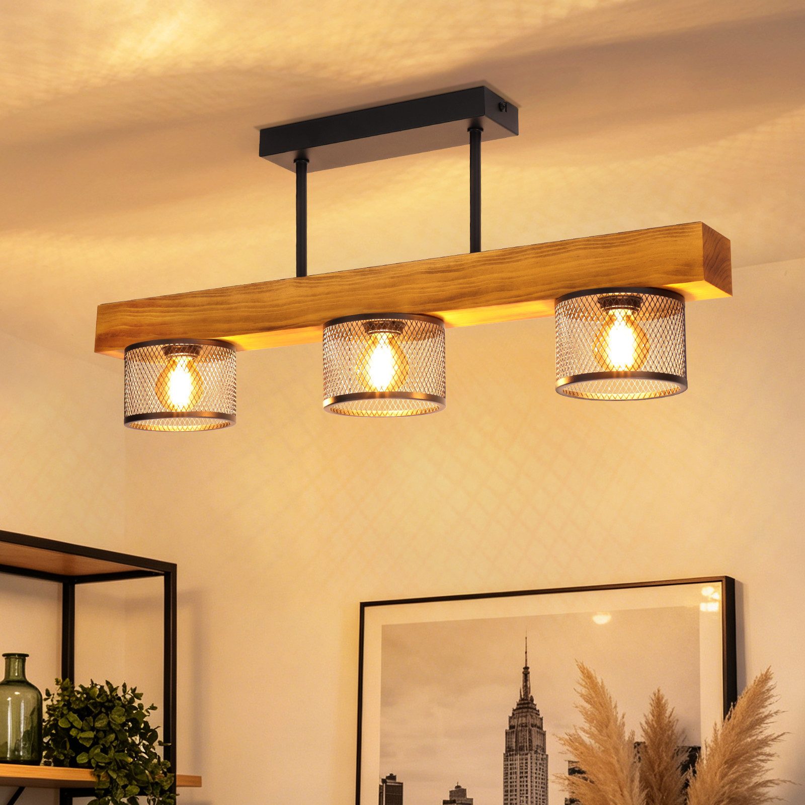 ZMH Deckenleuchte Vintage 3 Flammig Holz E14 Deckenlampe Metall für Küche & Schlafzimmer, ohne Leuchtmittel, Kompakte Bauweise mit maximaler Lichtwirkung