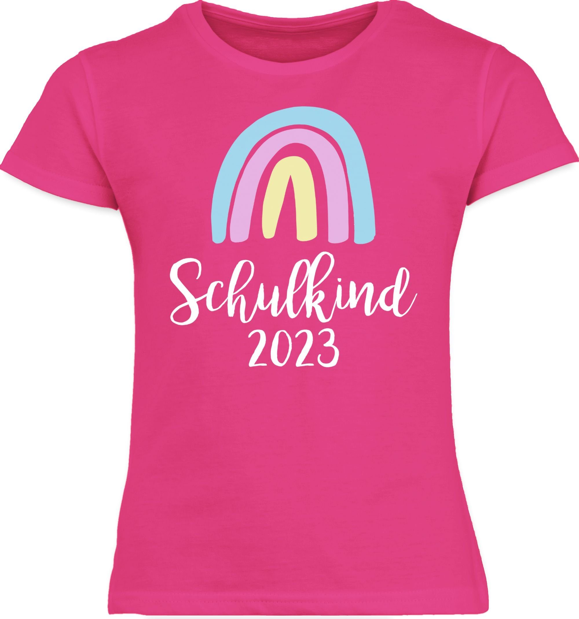 Shirtracer T-Shirt Schulkind 2023 Regenbogen Pastell / Weiß Einschulung Mädchen 1 Fuchsia
