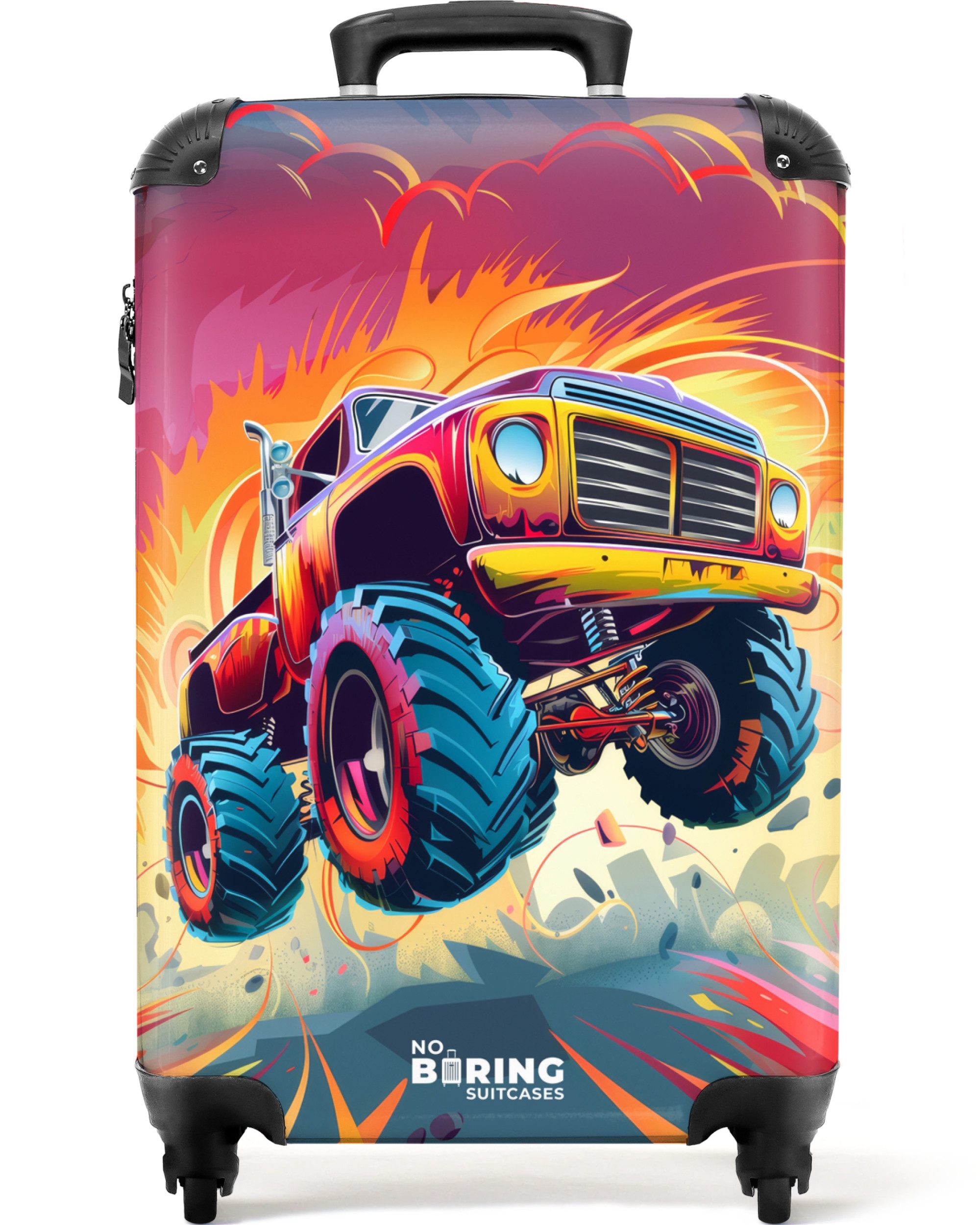 NoBoringSuitcases.com© Kinderkoffer Rosa Monstertruck fliegt über das Rollfeld 55x35x20cm, Kinder Koffer Klein, Trolley Handgepäck, Reisekoffer