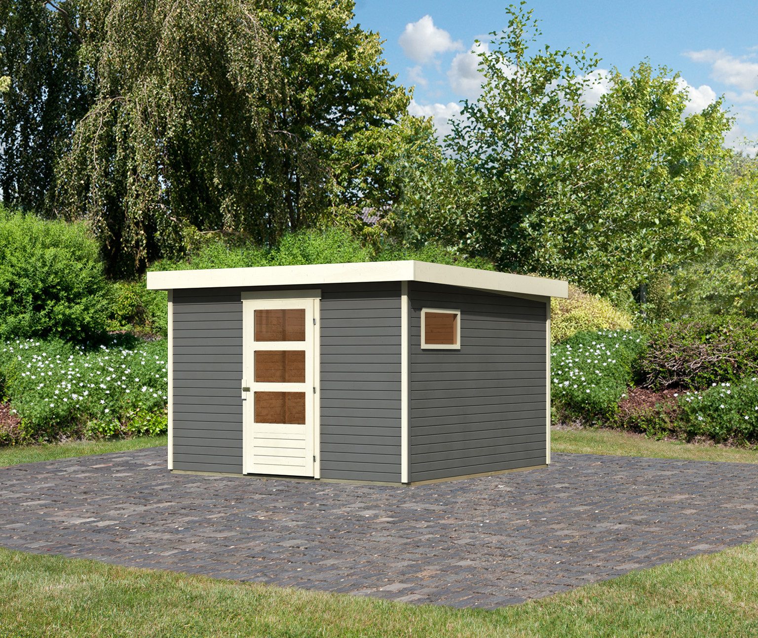 Karibu Gartenhaus Karibu Gartenhaus Oburg Freiburg 6, 19 mm, 334 x 331 x 216 cm, Modell 6, terragrau, ohne Anbau