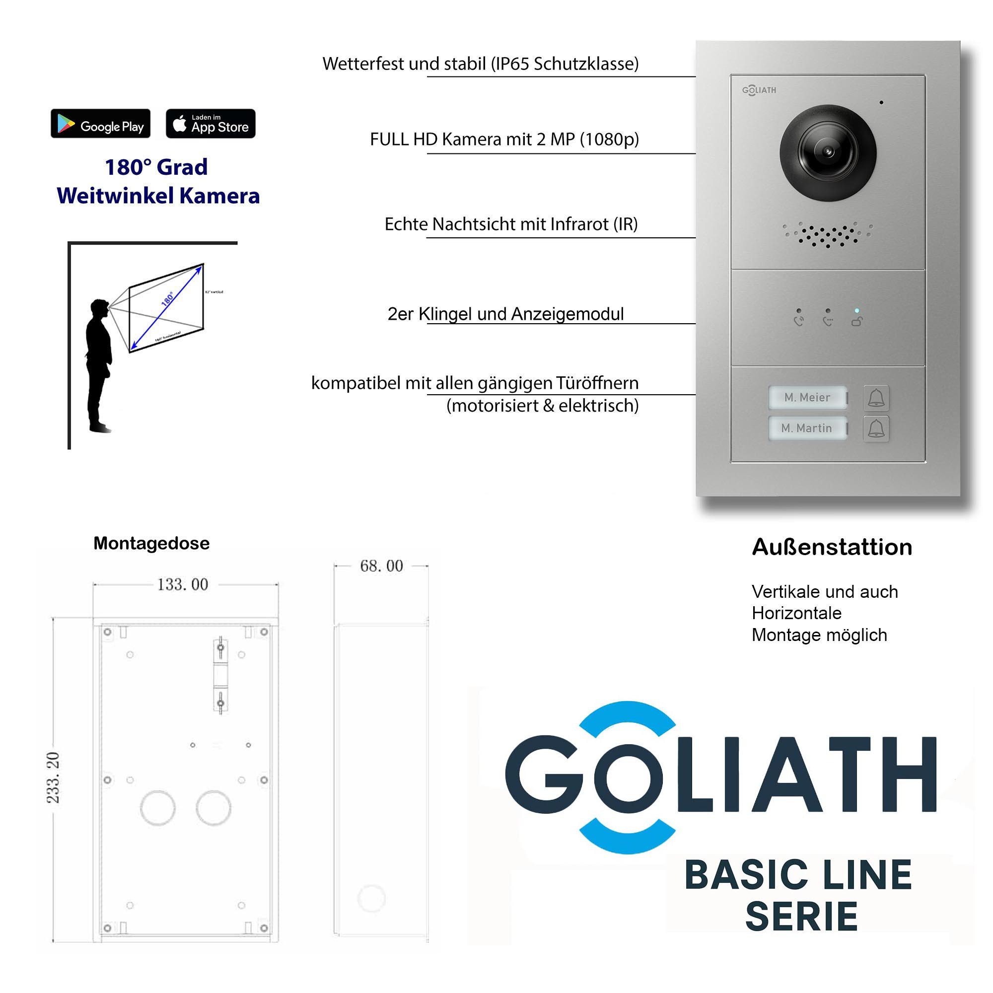 Goliath Intercom Video-Türsprechanlage Video Türklingel mit Kamera, 2-Familie Goliath Basic-Line 2-Draht (Privat oder Gewerblich)