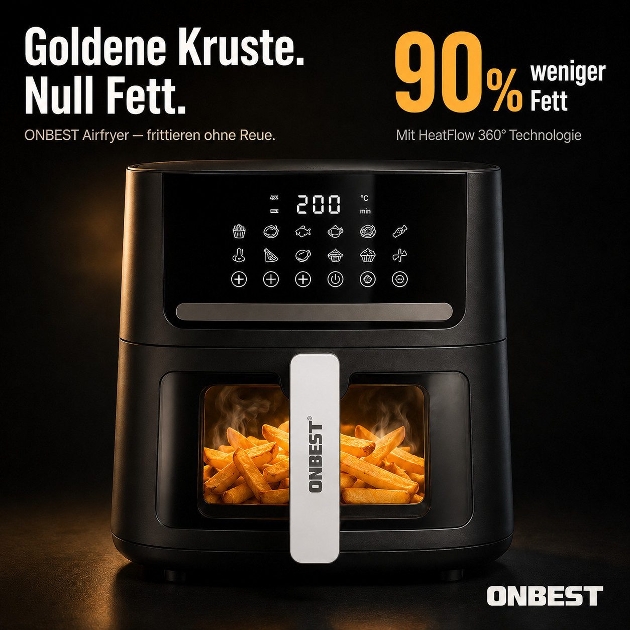 Onbest Heißluftfritteuse, 1600,00 W, XXL, 12 Programme, Sichtfenster, Spülmaschinenfest