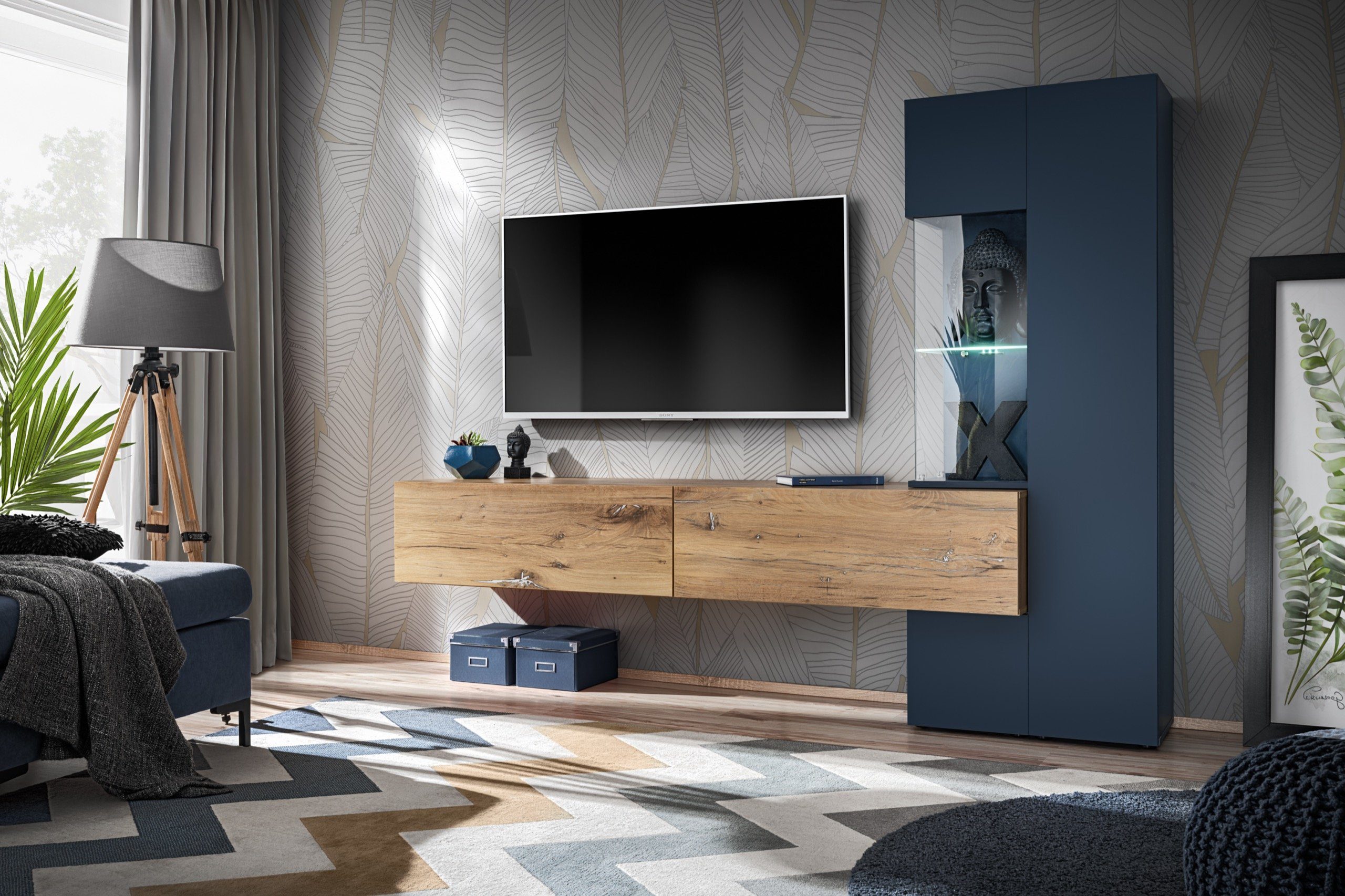 Stylefy Wohnwand (Set, Wohnmöbel), mit inkl. TV-Lowboard, LED-Beleuchtung Glaseinsatz, Vitrine, Mario