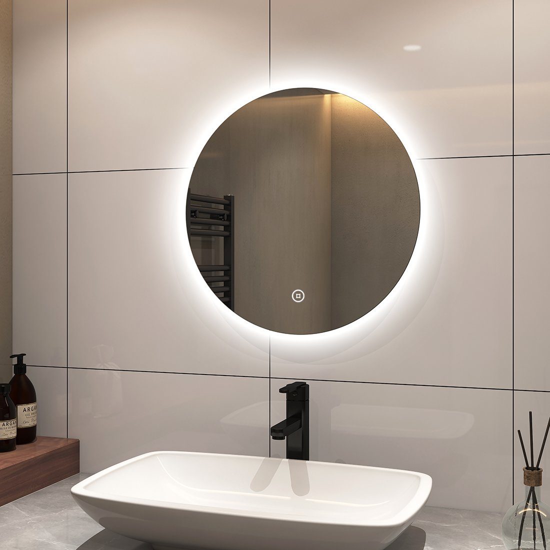 Touch mit Badezimmerspiegel, Rund 6500K,Einstellbare LED S'AFIELINA Schalter,Kaltweiß Badspiegel Helligkeit,IP44 Wandspiegel Beleuchtung Badspiegel
